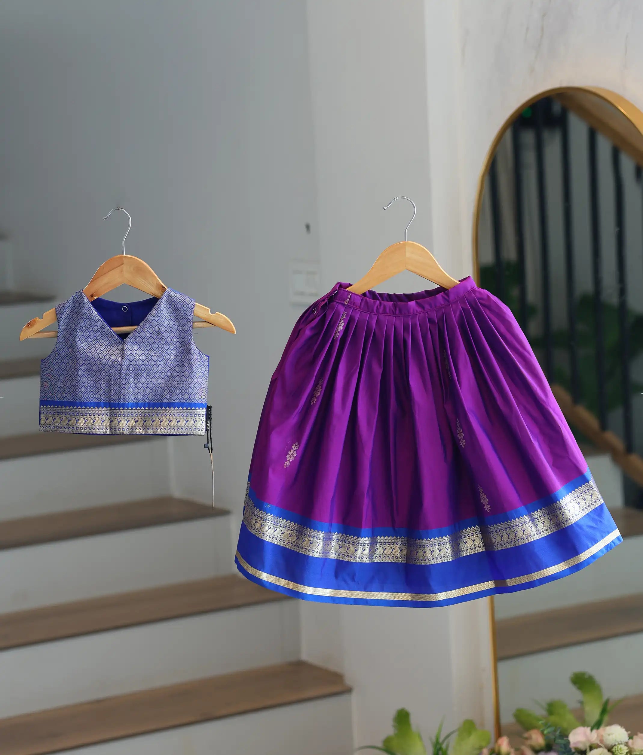 Purple and Blue Kanchipuram Silk Skirt and Top for Baby Girl [6292]
