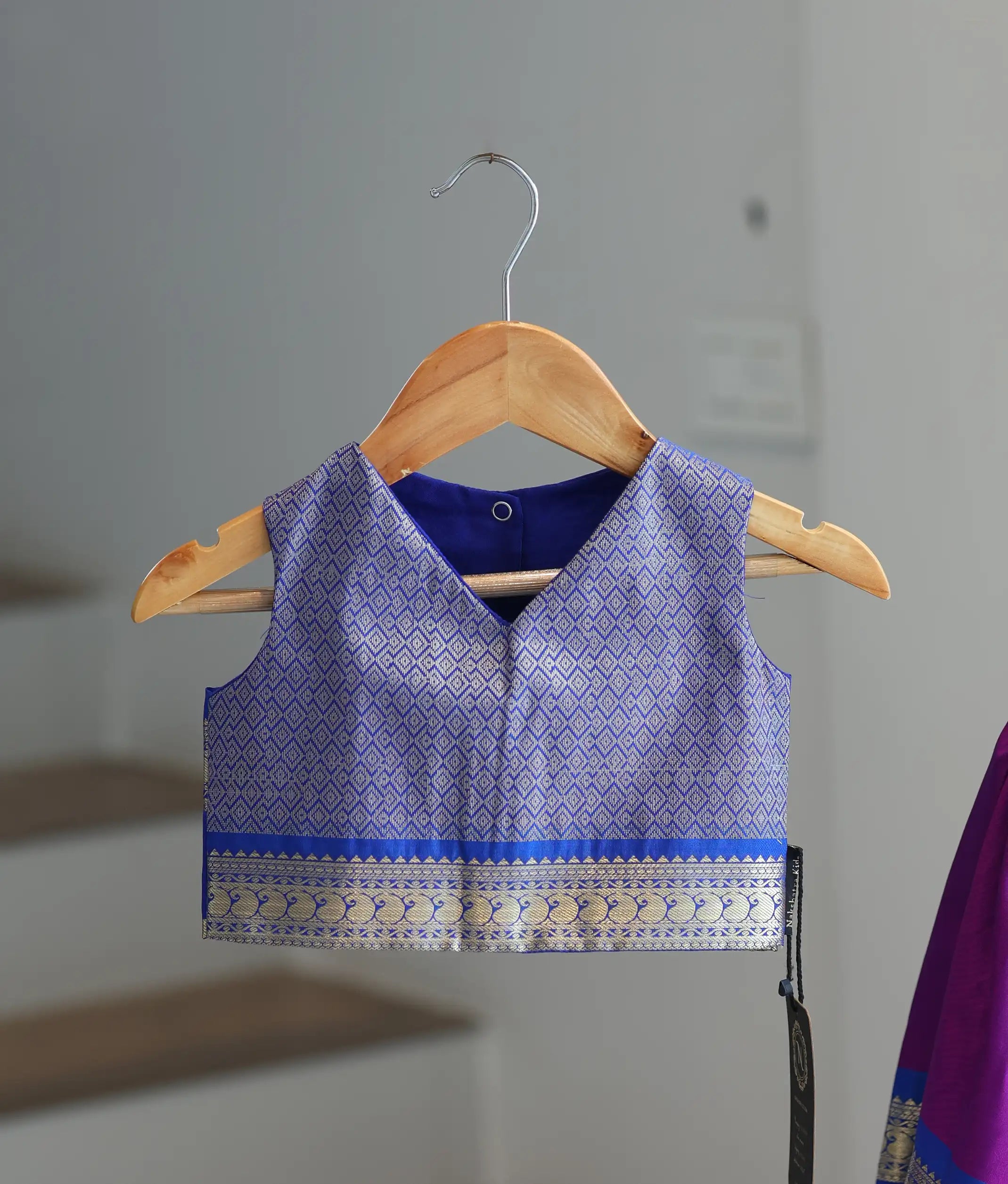 Purple and Blue Kanchipuram Silk Skirt and Top for Baby Girl [6292]