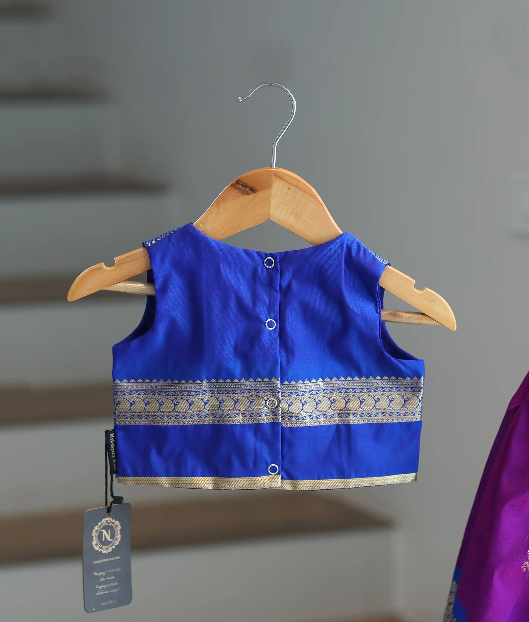 Purple and Blue Kanchipuram Silk Skirt and Top for Baby Girl [6292]