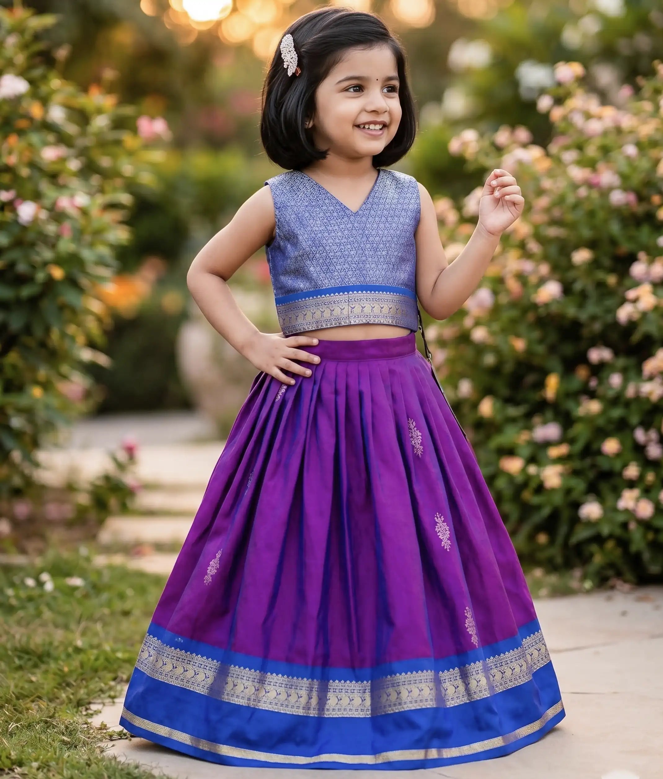 Purple and Blue Kanchipuram Silk Skirt and Top for Baby Girl [6292]