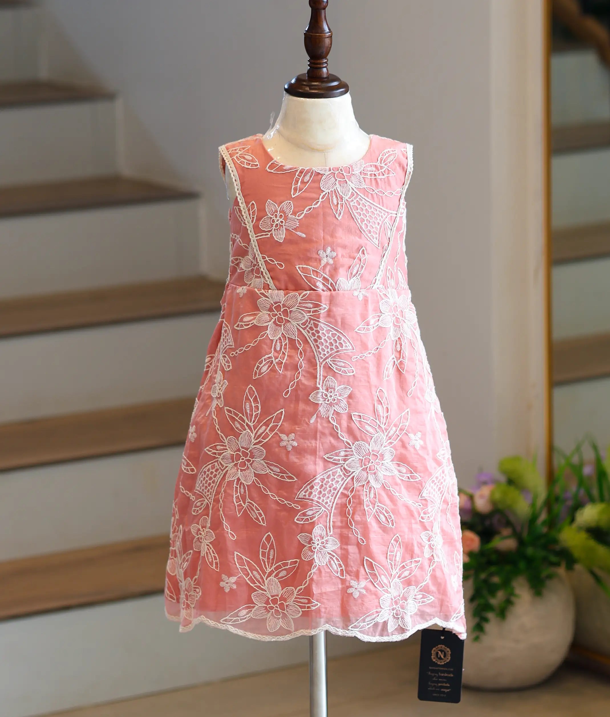 Peach Pink Embroidered Material A-Line Frock for Baby Girl [6293]