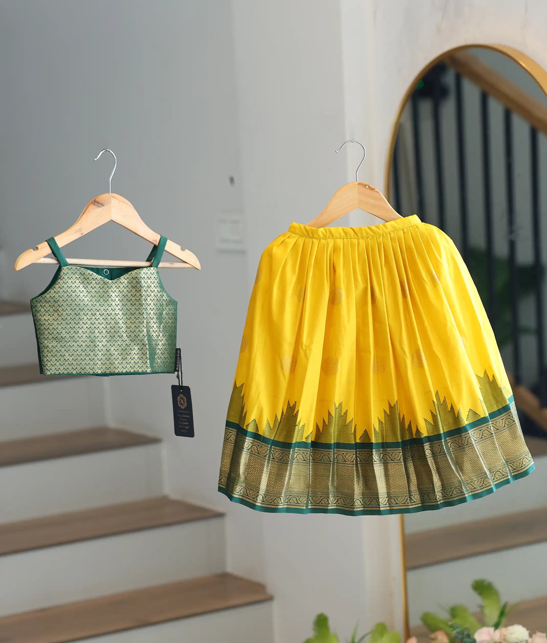 Yellow and Green Kanchipuram Silk Skirt and Top for Baby Girl [6294]