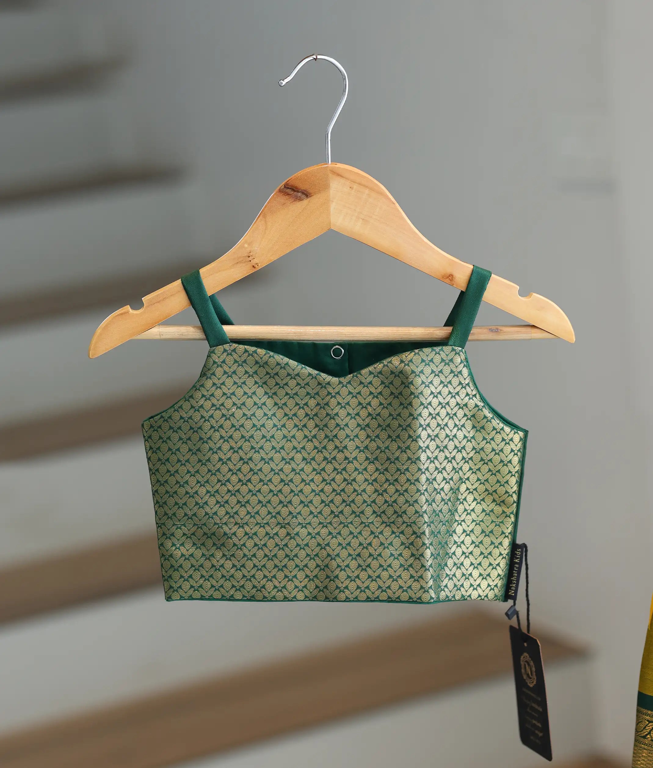 Yellow and Green Kanchipuram Silk Skirt and Top for Baby Girl [6294]