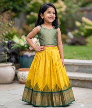 Yellow and Green Kanchipuram Silk Skirt and Top for Baby Girl [6294]