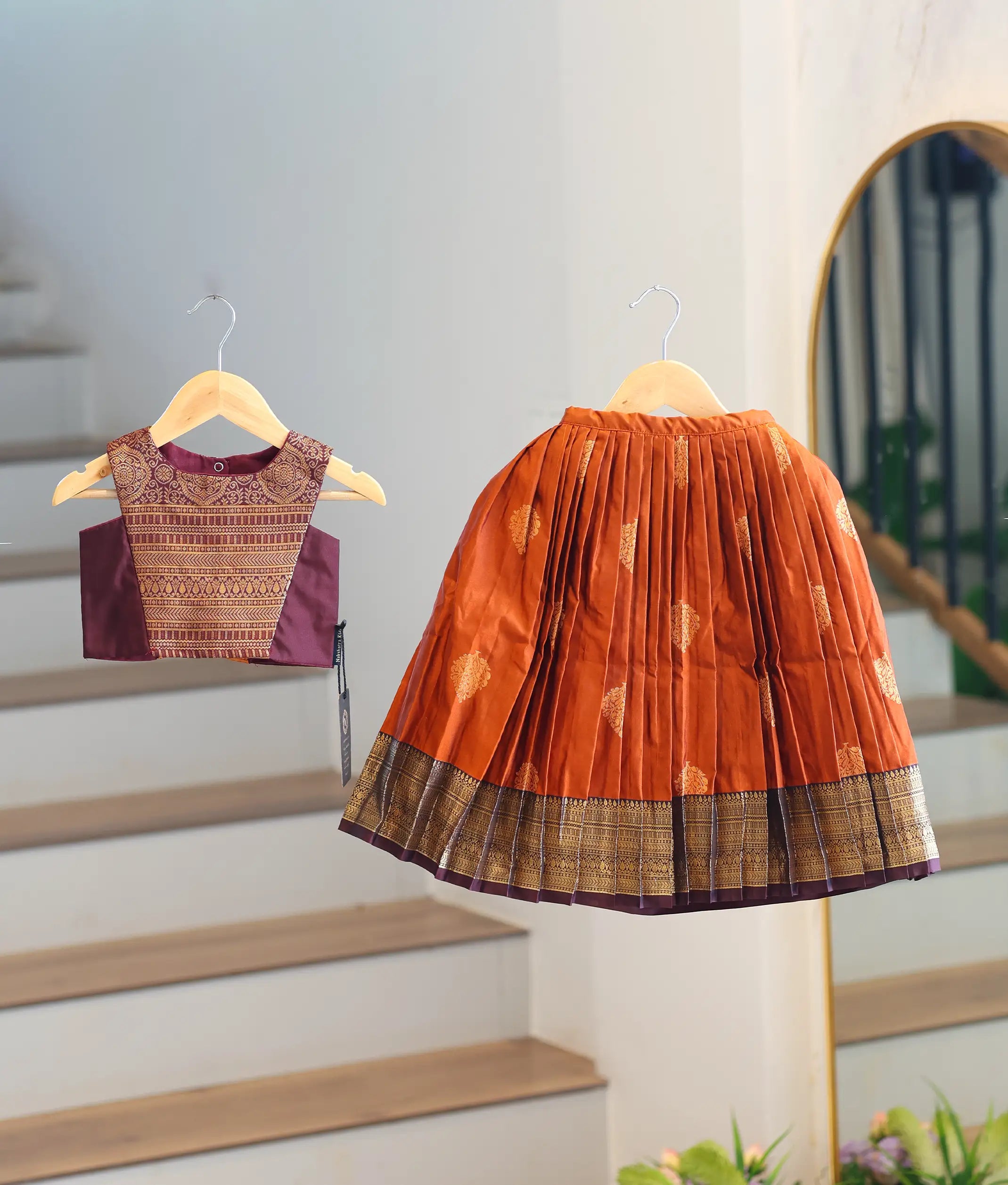 Orange and Maroon Kanchipuram Silk Skirt and Top for Baby Girl [6295]