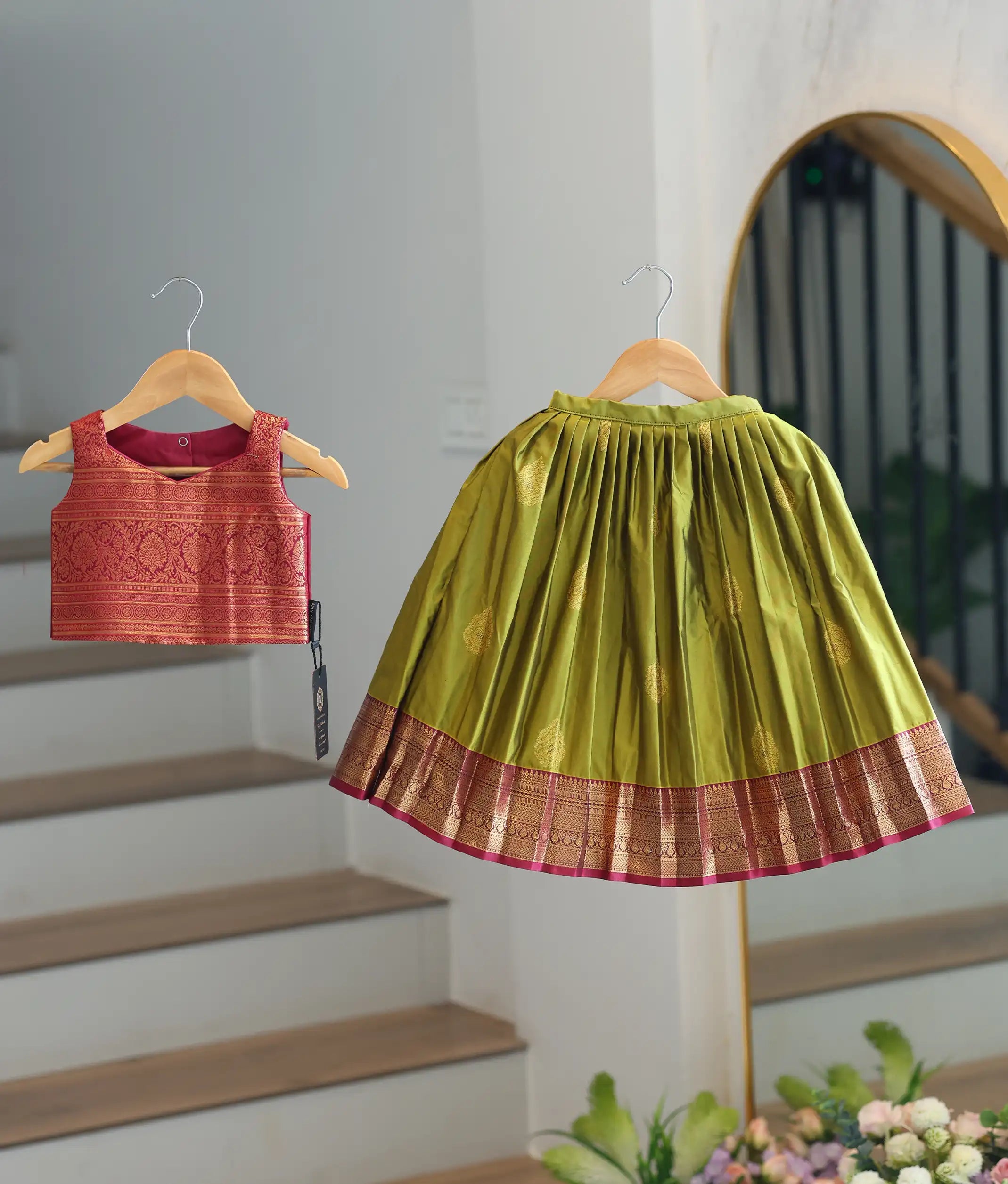 Olive Green and Magenta Kanchipuram Silk Skirt and Top for Baby Girl [6296]