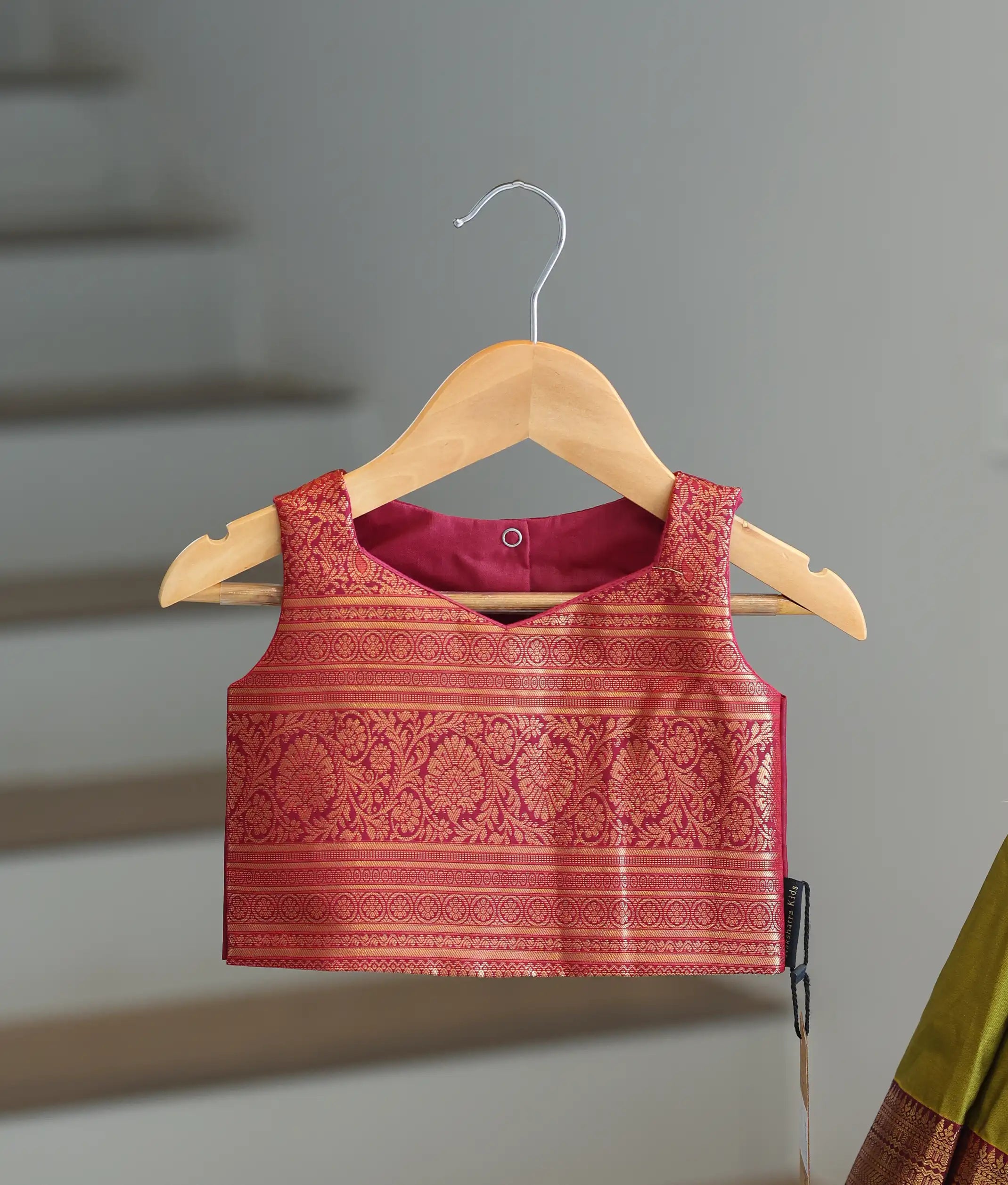Olive Green and Magenta Kanchipuram Silk Skirt and Top for Baby Girl [6296]
