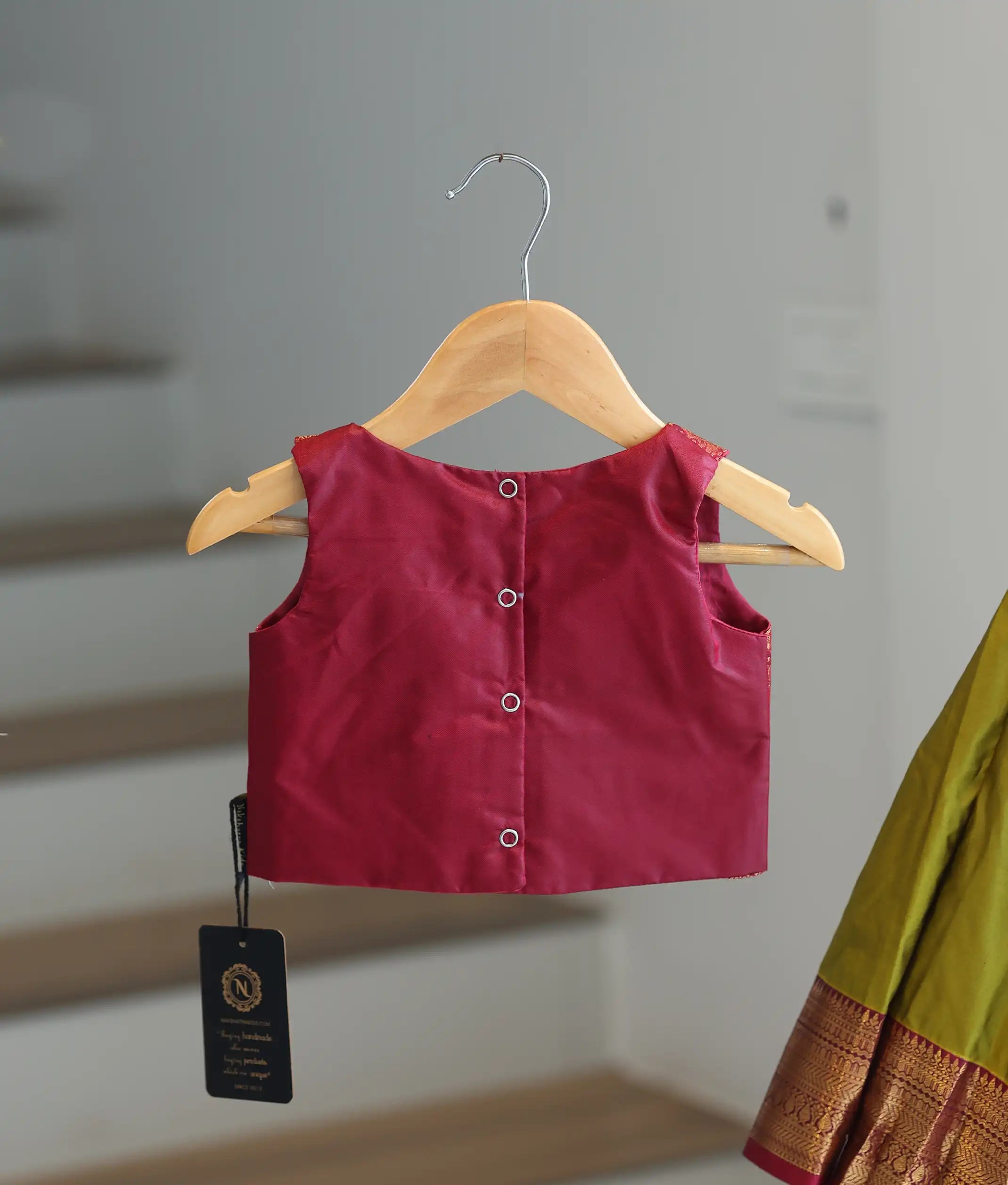 Olive Green and Magenta Kanchipuram Silk Skirt and Top for Baby Girl [6296]