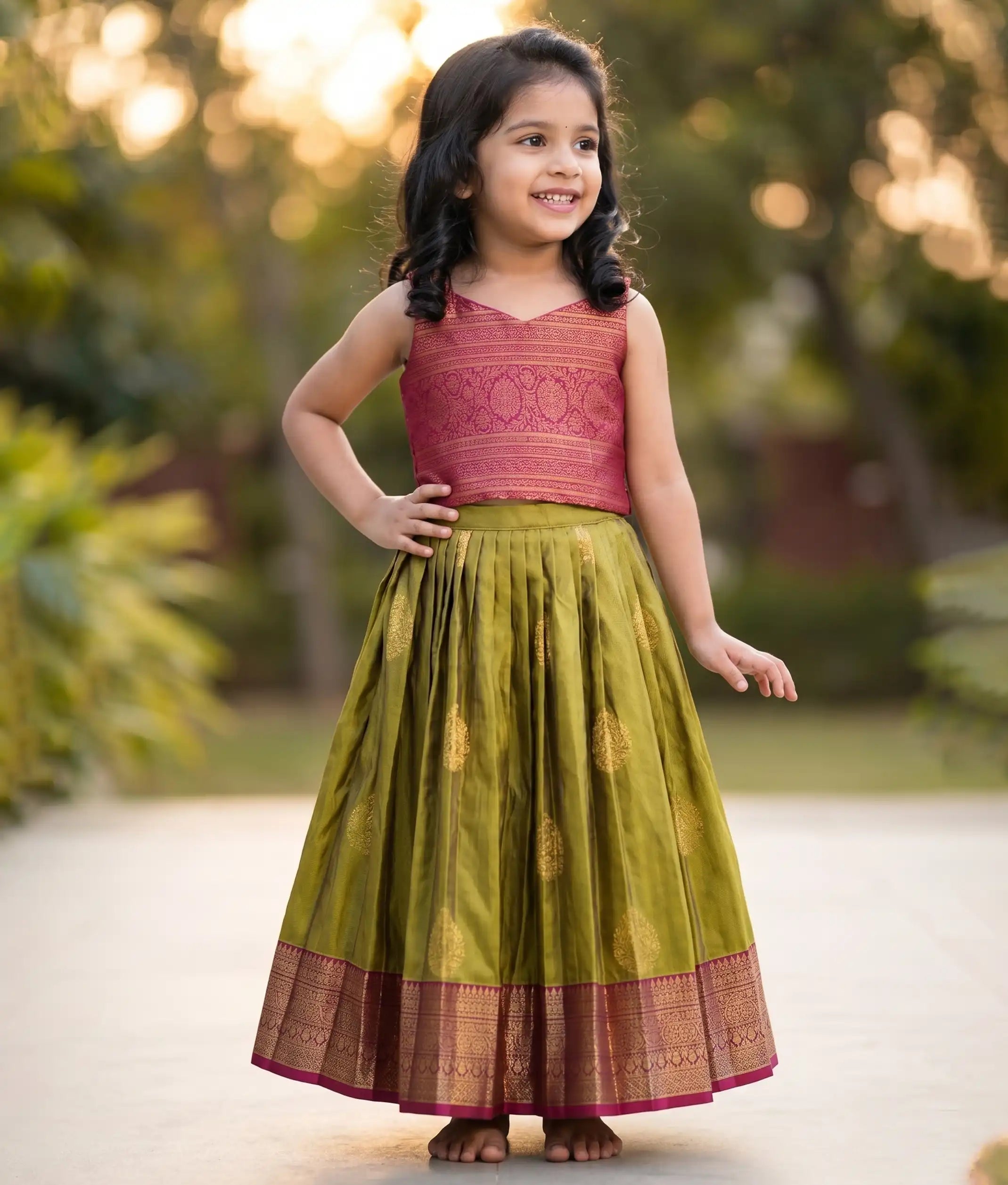 Olive Green and Magenta Kanchipuram Silk Skirt and Top for Baby Girl [6296]