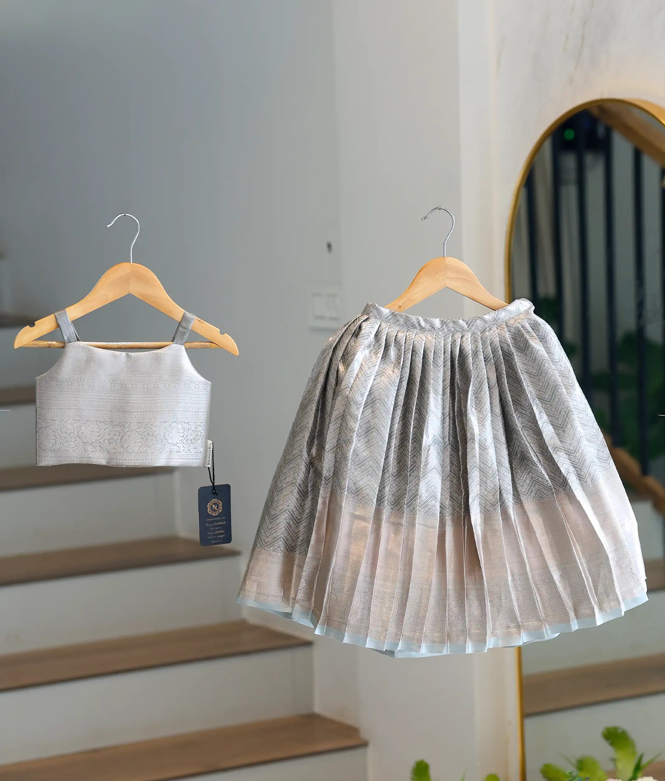 Silver Ash Kanchipuram Silk Skirt and Top for Baby Girl [6297]
