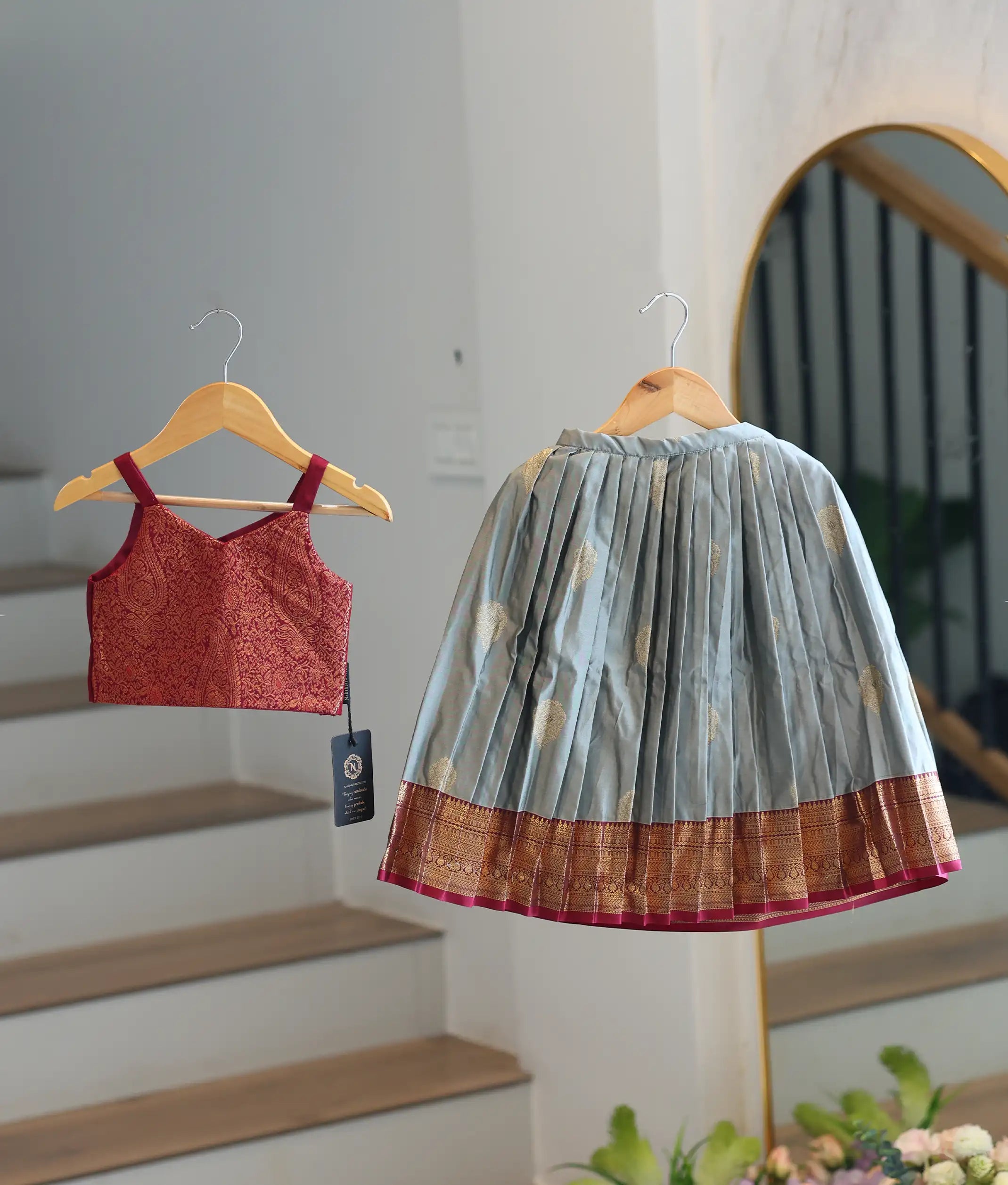 Maroon and Ash Kanchipuram Silk Skirt and Top for Baby Girl [6298]