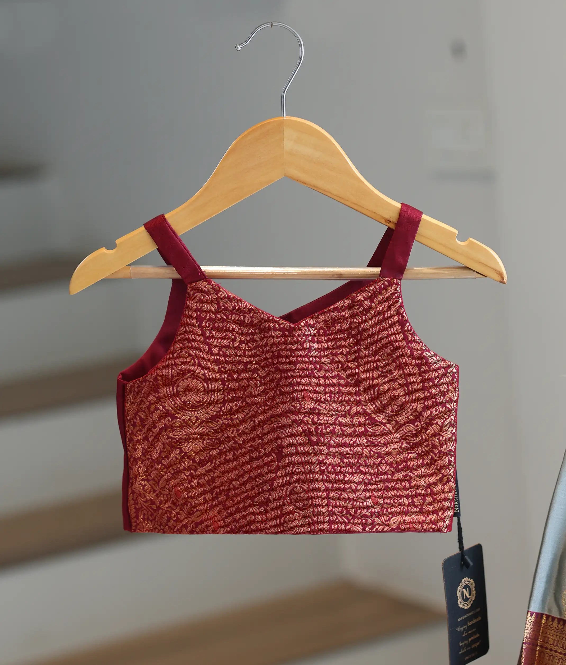 Maroon and Ash Kanchipuram Silk Skirt and Top for Baby Girl [6298]