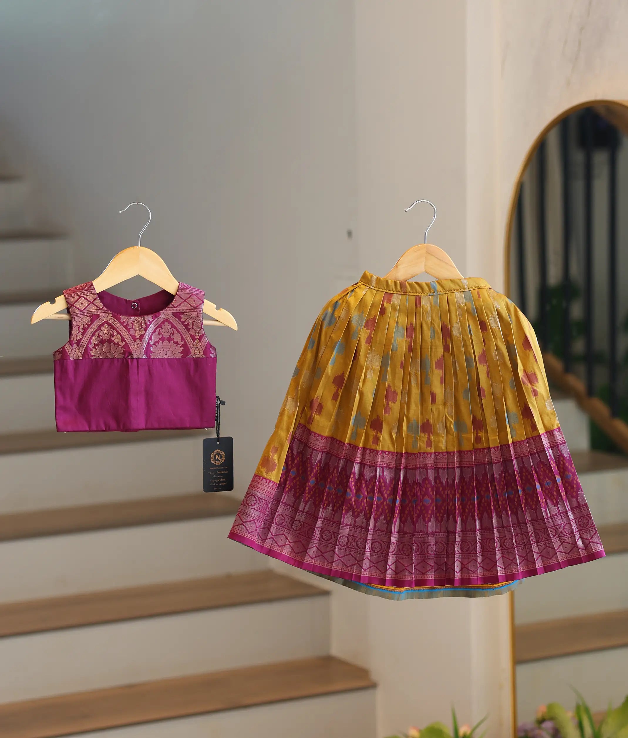 Magenta and Yellow Kanchipuram Silk Skirt and Top for Baby Girl [6299]