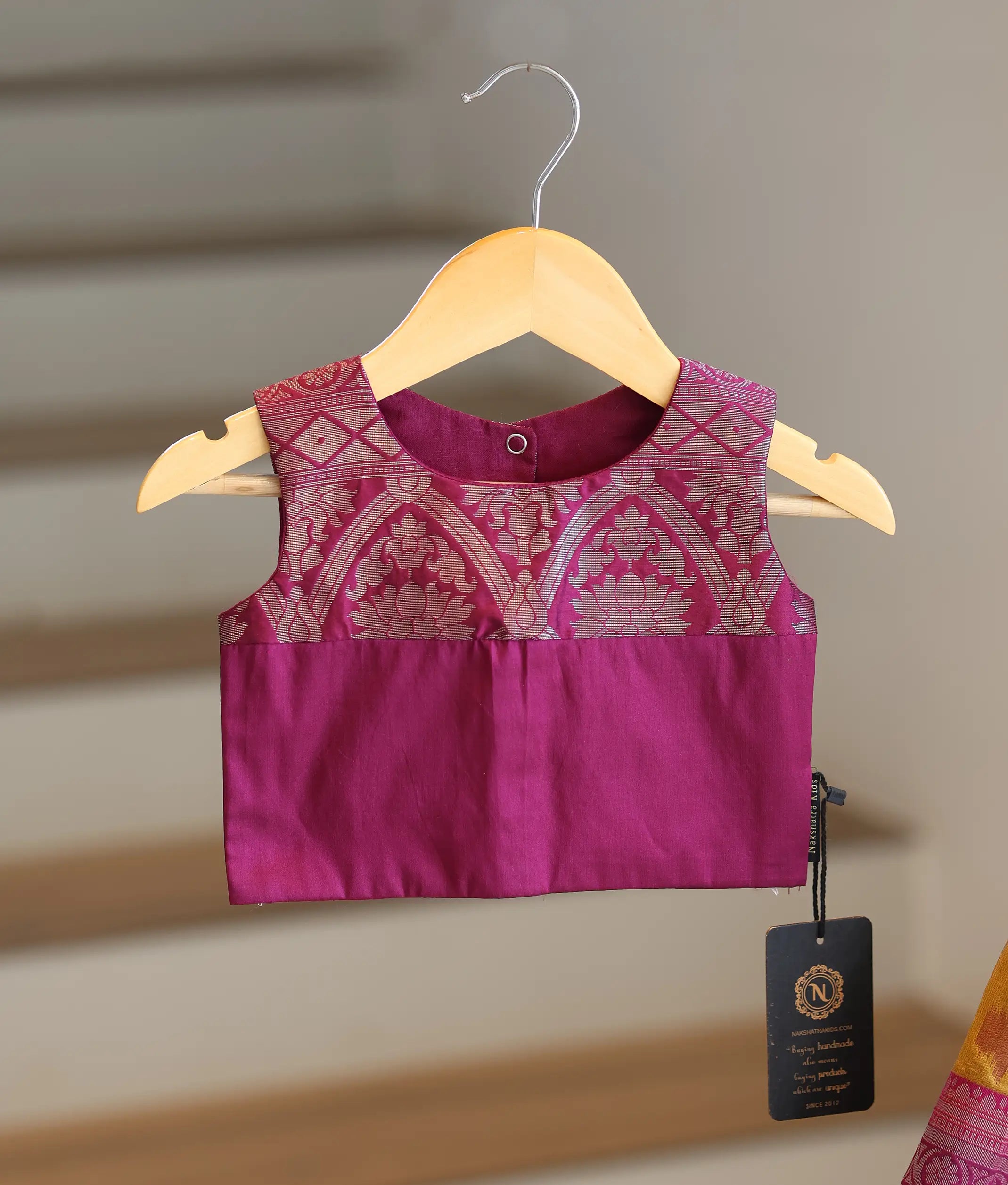 Magenta and Yellow Kanchipuram Silk Skirt and Top for Baby Girl [6299]