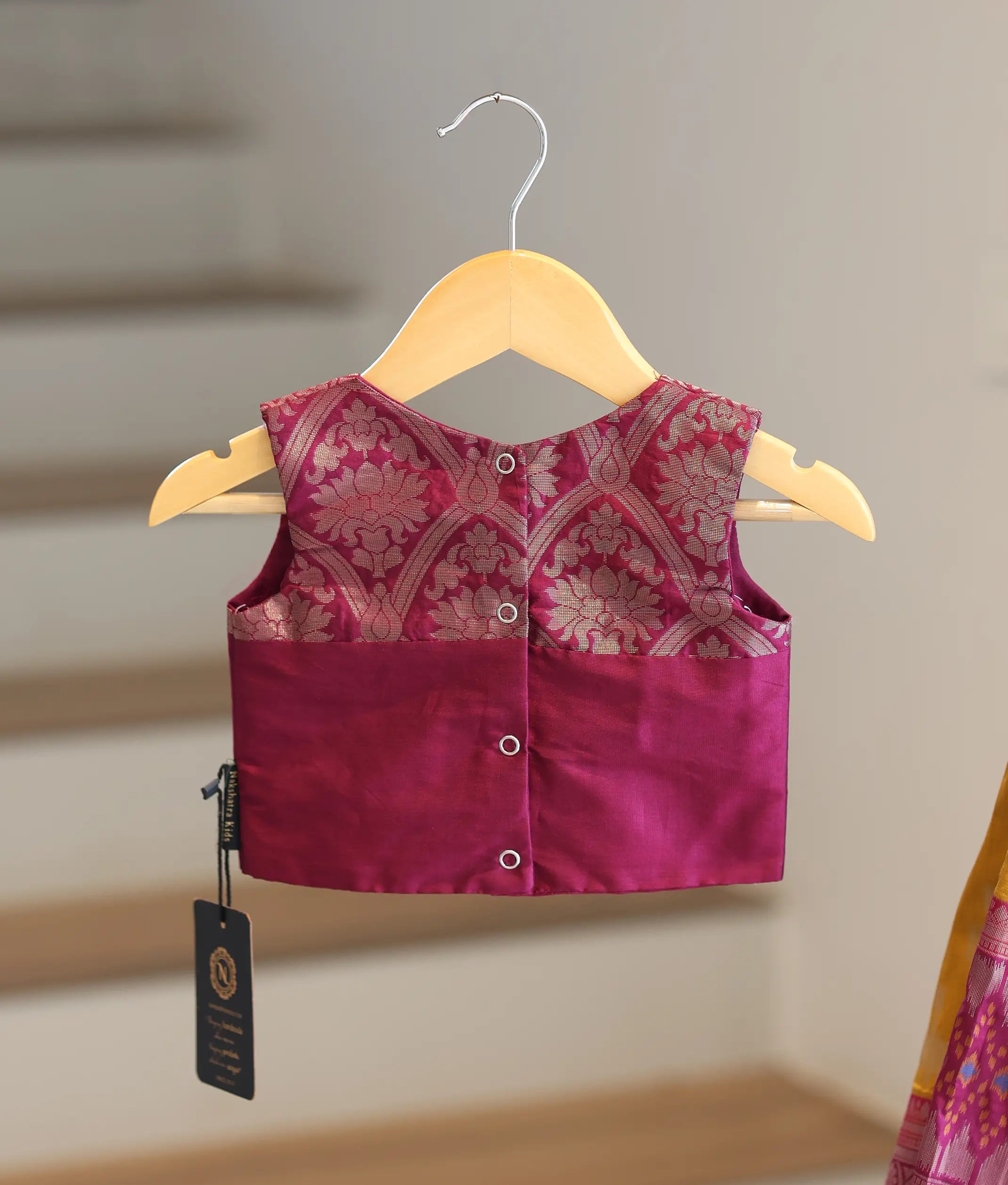 Magenta and Yellow Kanchipuram Silk Skirt and Top for Baby Girl [6299]