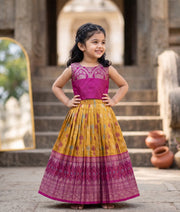 Magenta and Yellow Kanchipuram Silk Skirt and Top for Baby Girl [6299]