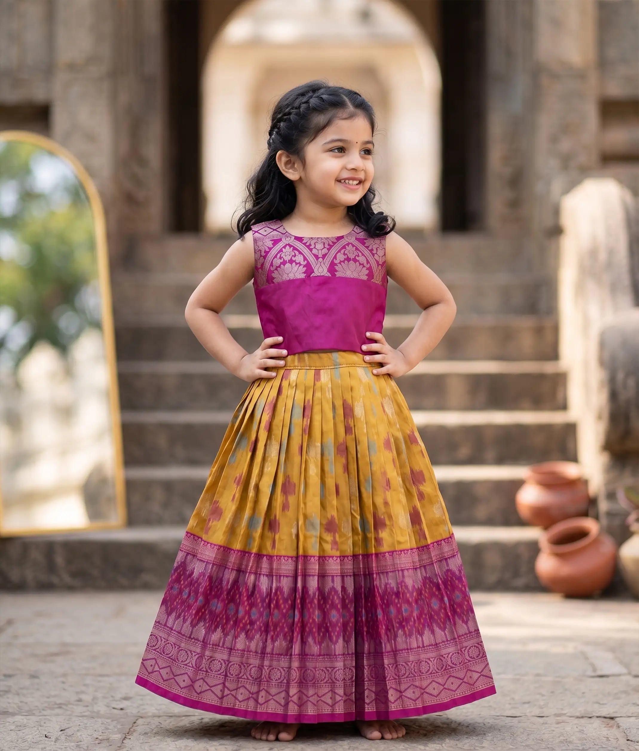 Magenta and Yellow Kanchipuram Silk Skirt and Top for Baby Girl [6299]