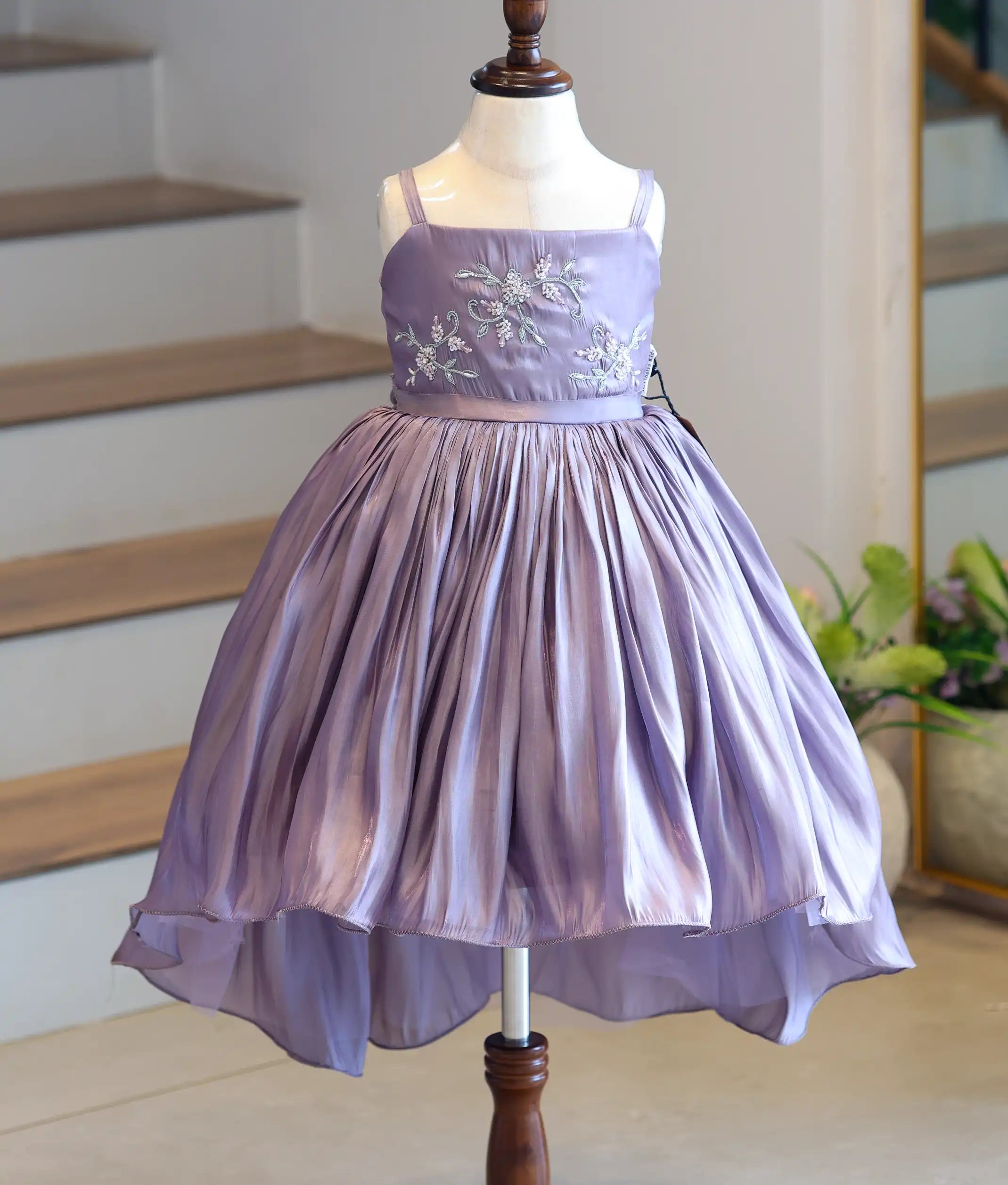 Slate Lavender Laser Organza High-Low Birthday Frock for Baby Girl [6305]