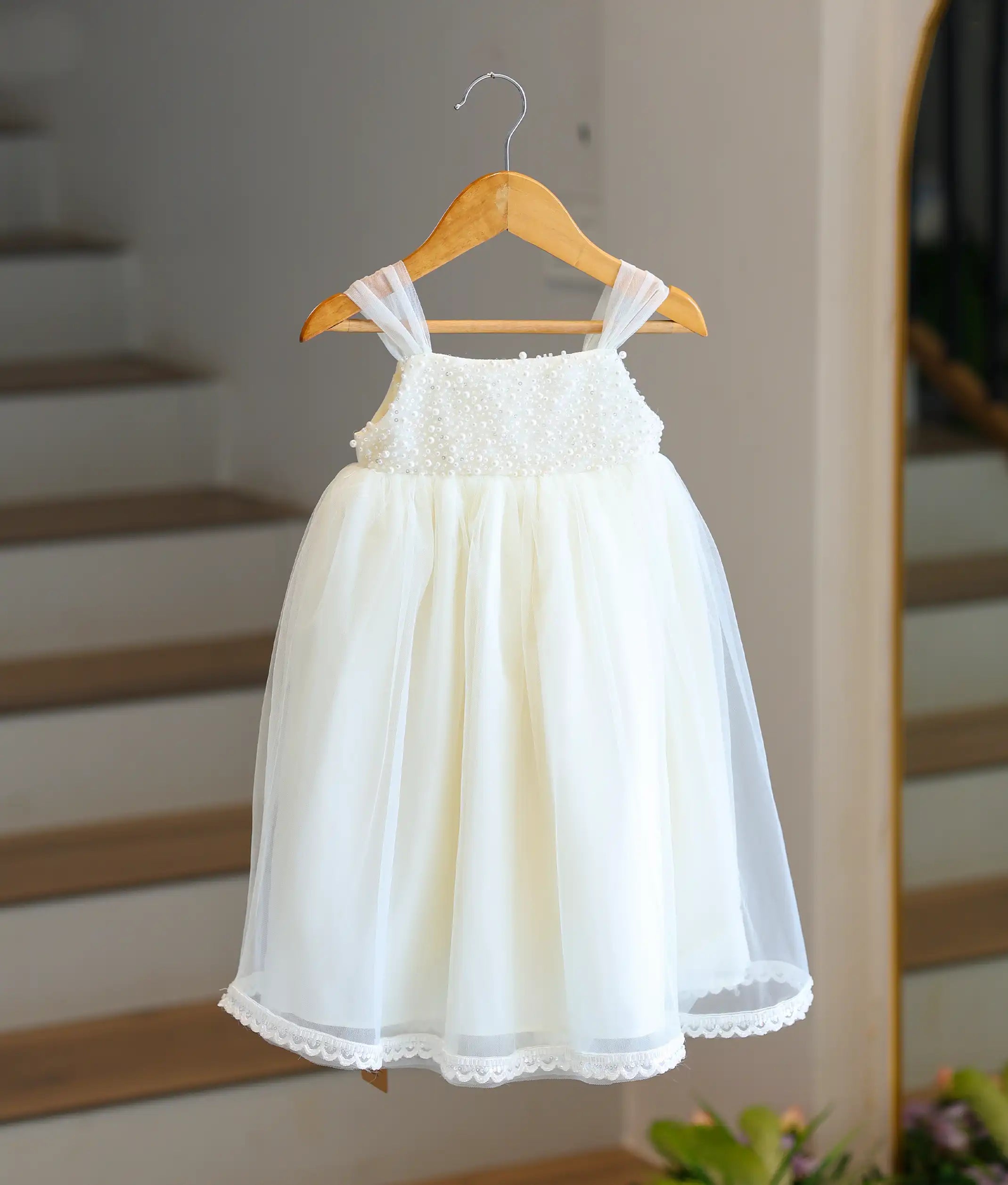 Off-white Tulle Net Handworked Baptism Gown for Baby Girl [6304]