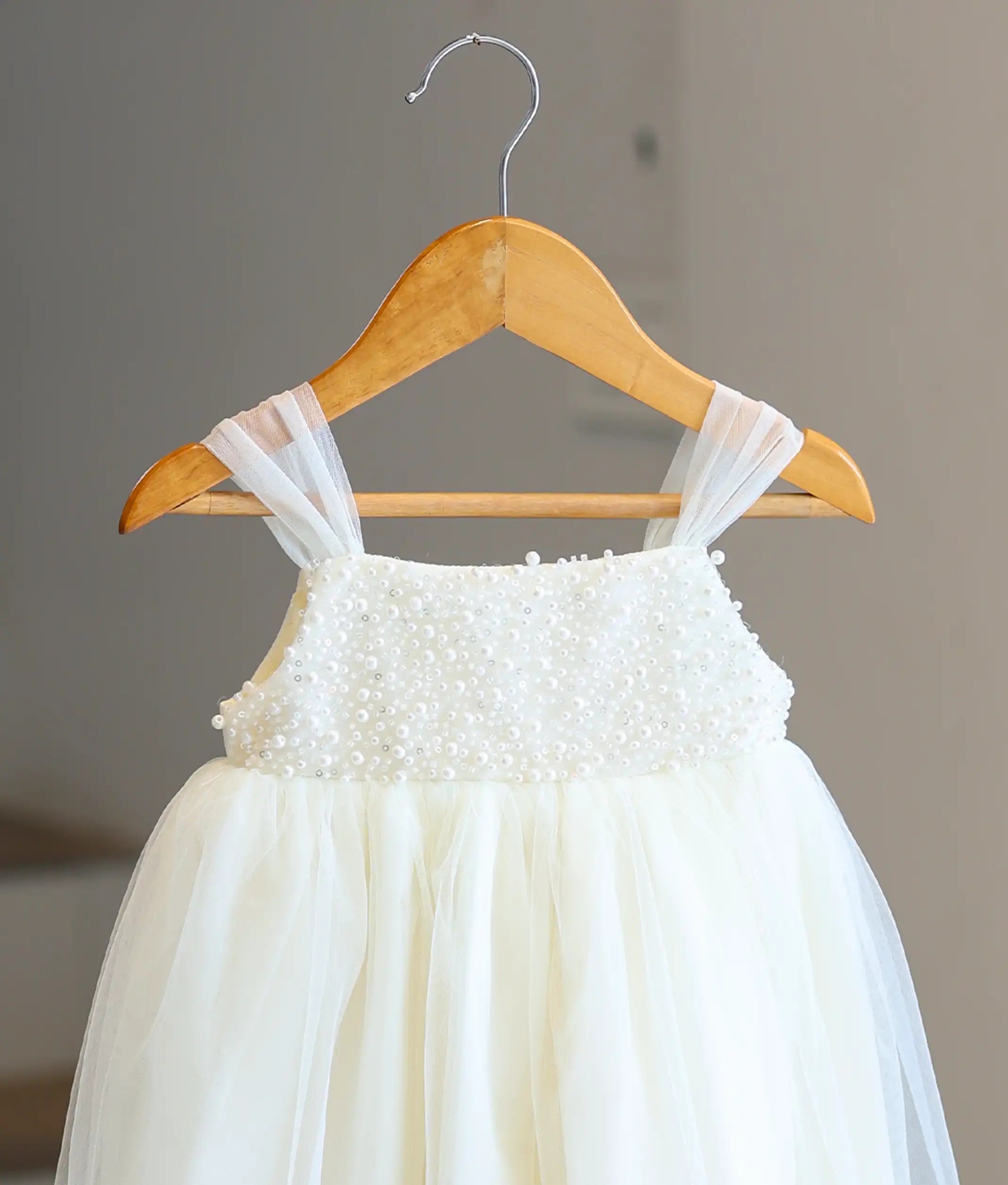 Off-white Tulle Net Handworked Baptism Gown for Baby Girl [6304]