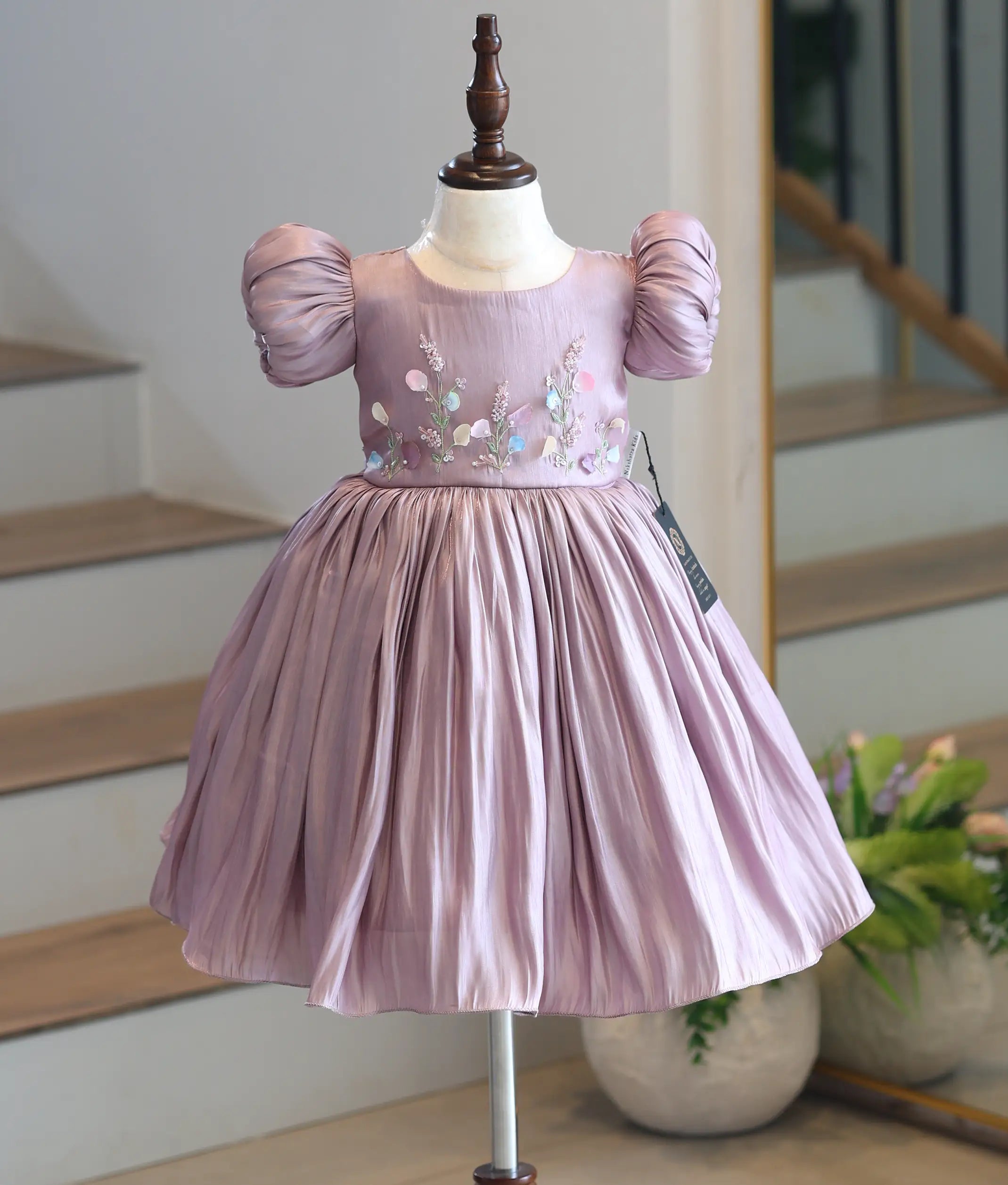 Powder Lavender Laser Organza Handworked Birthday Frock for Baby Girl [6308]
