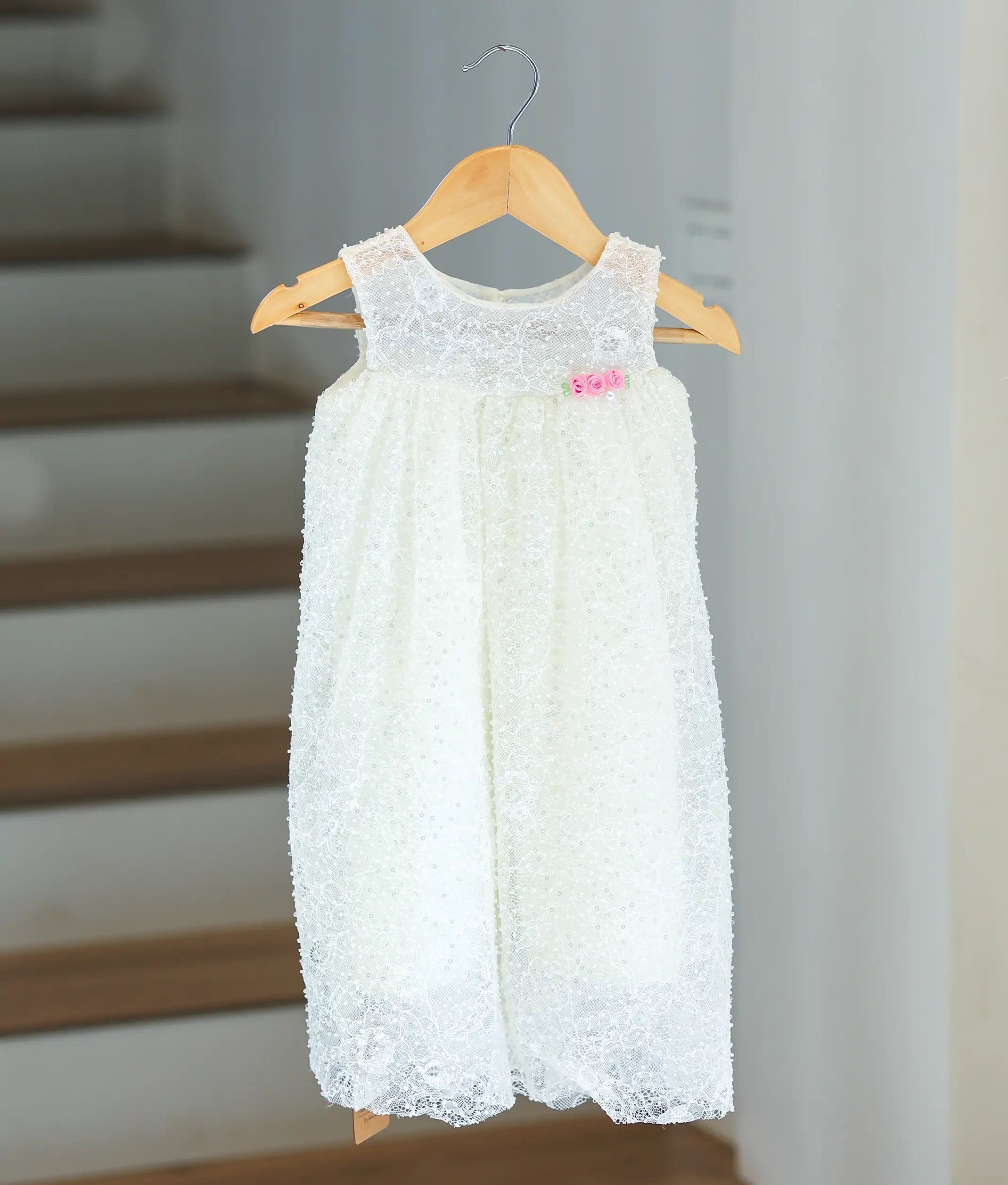 Off-White Embroidery Work Material Baptism Gown for Baby Girl [6309]