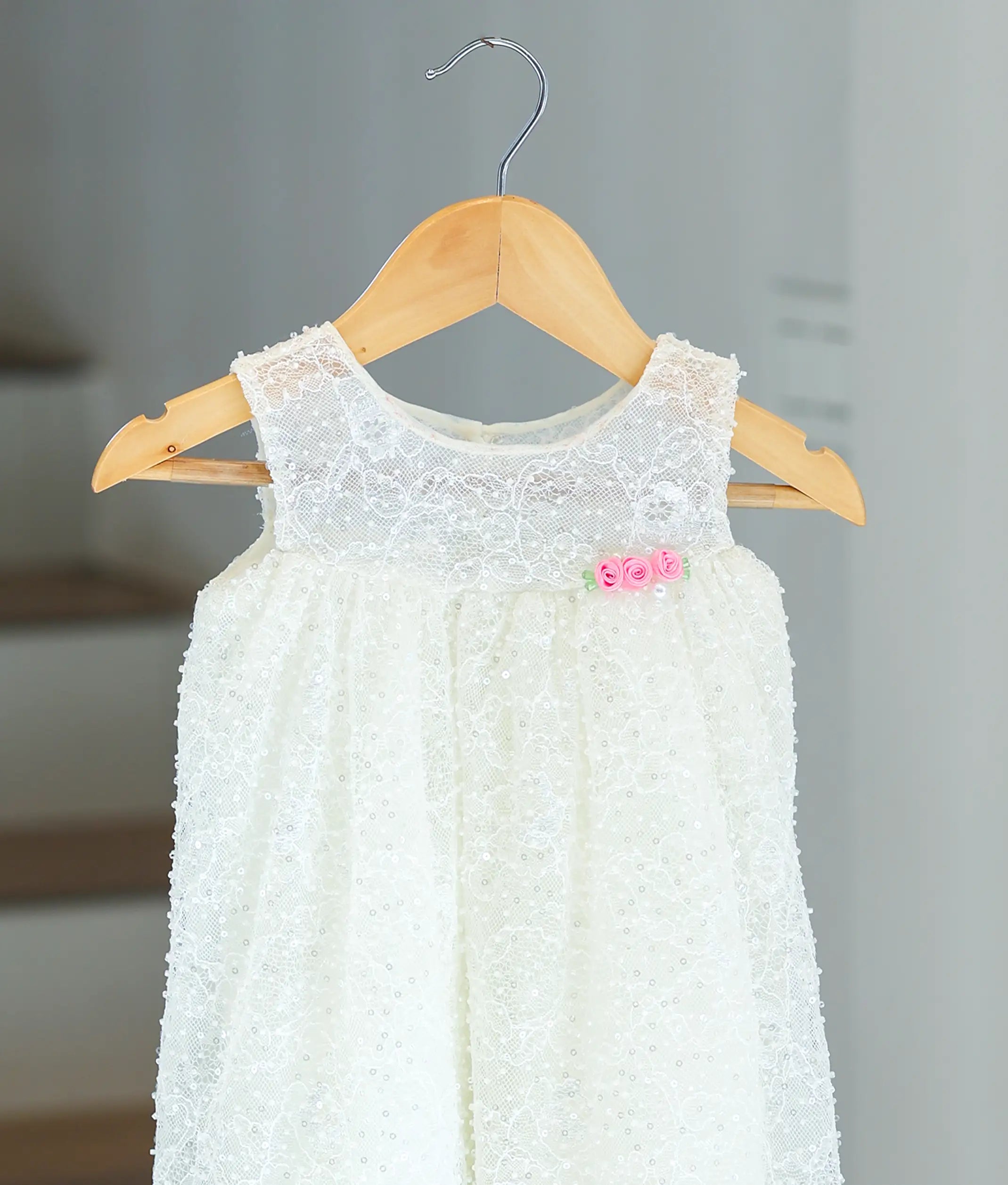 Off-White Embroidery Work Material Baptism Gown for Baby Girl [6309]