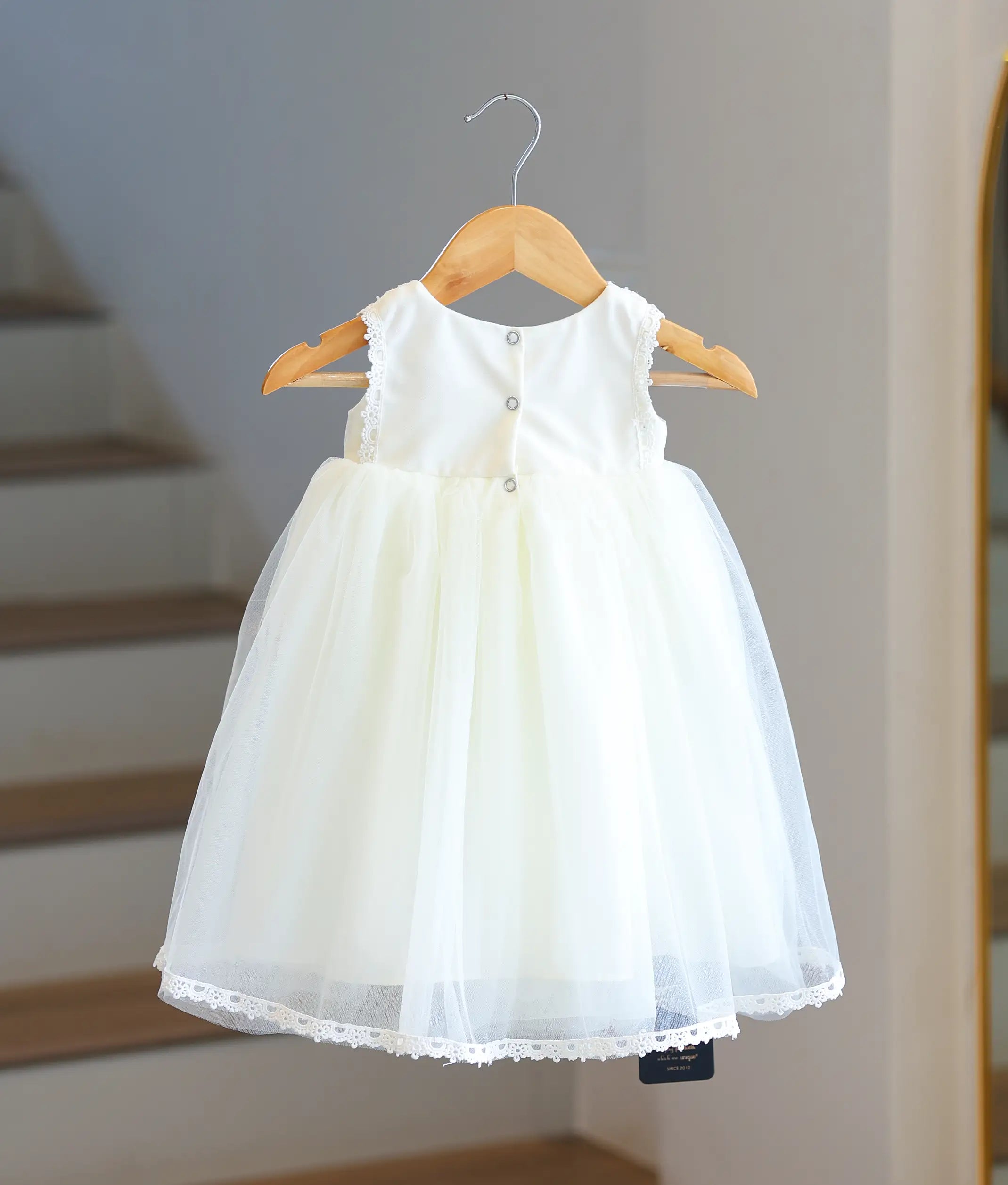 Off-white Tulle Net Embroidery Overlay Baptism Gown for Baby Girl [6311]