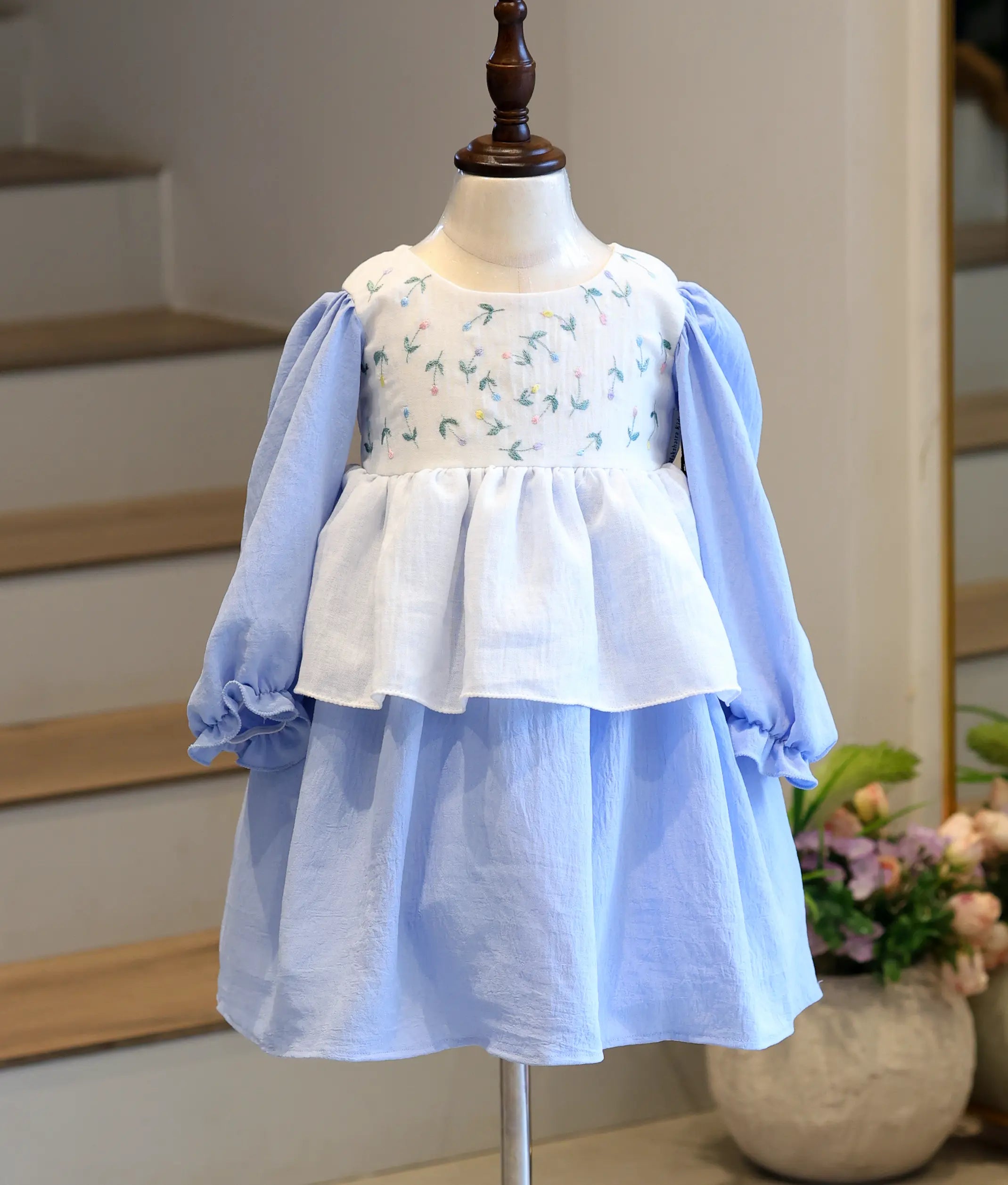 White and Blue Linen Embroidered Double-Layer Frock for Baby Girl [6316]