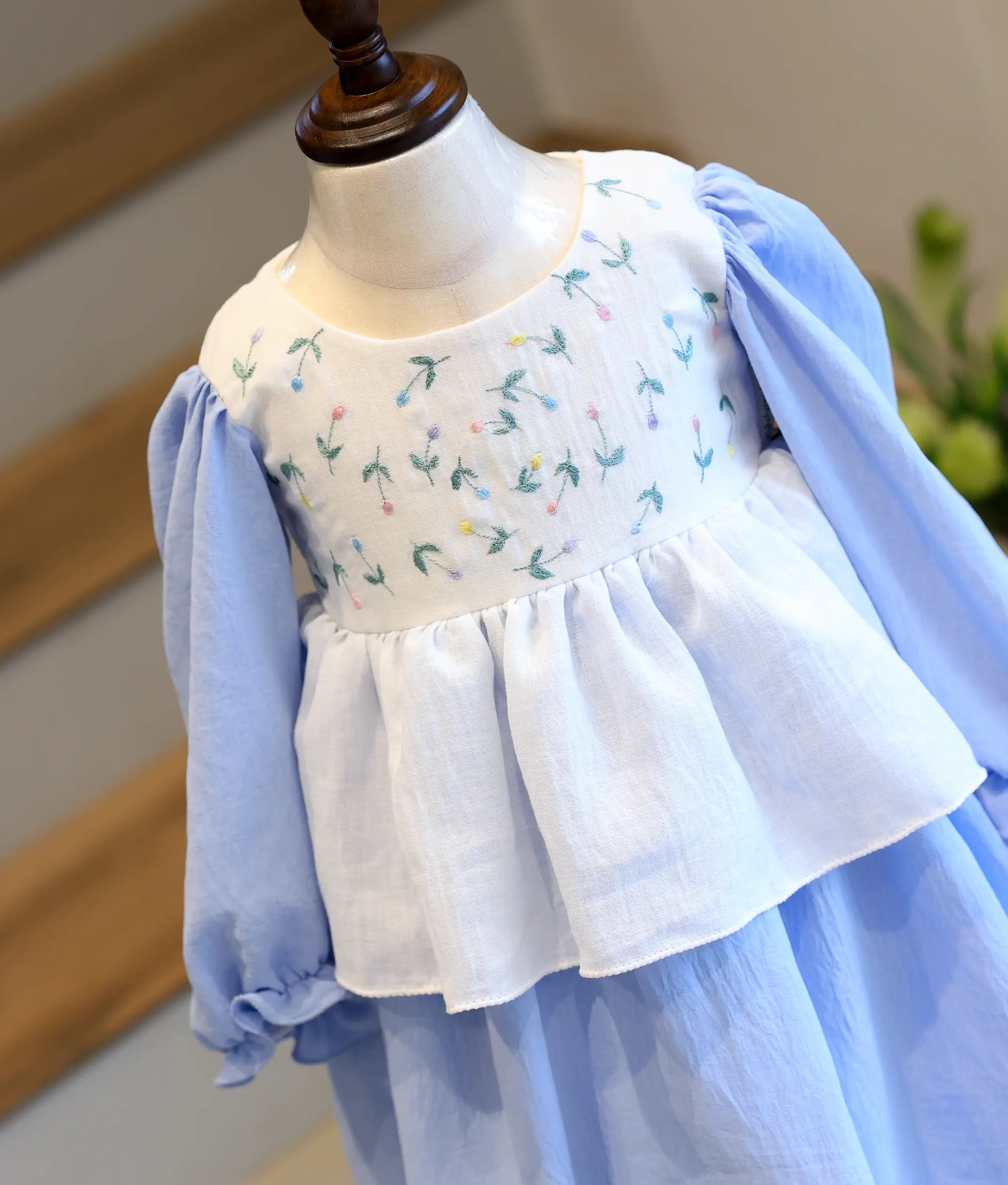 White and Blue Linen Embroidered Double-Layer Frock for Baby Girl [6316]