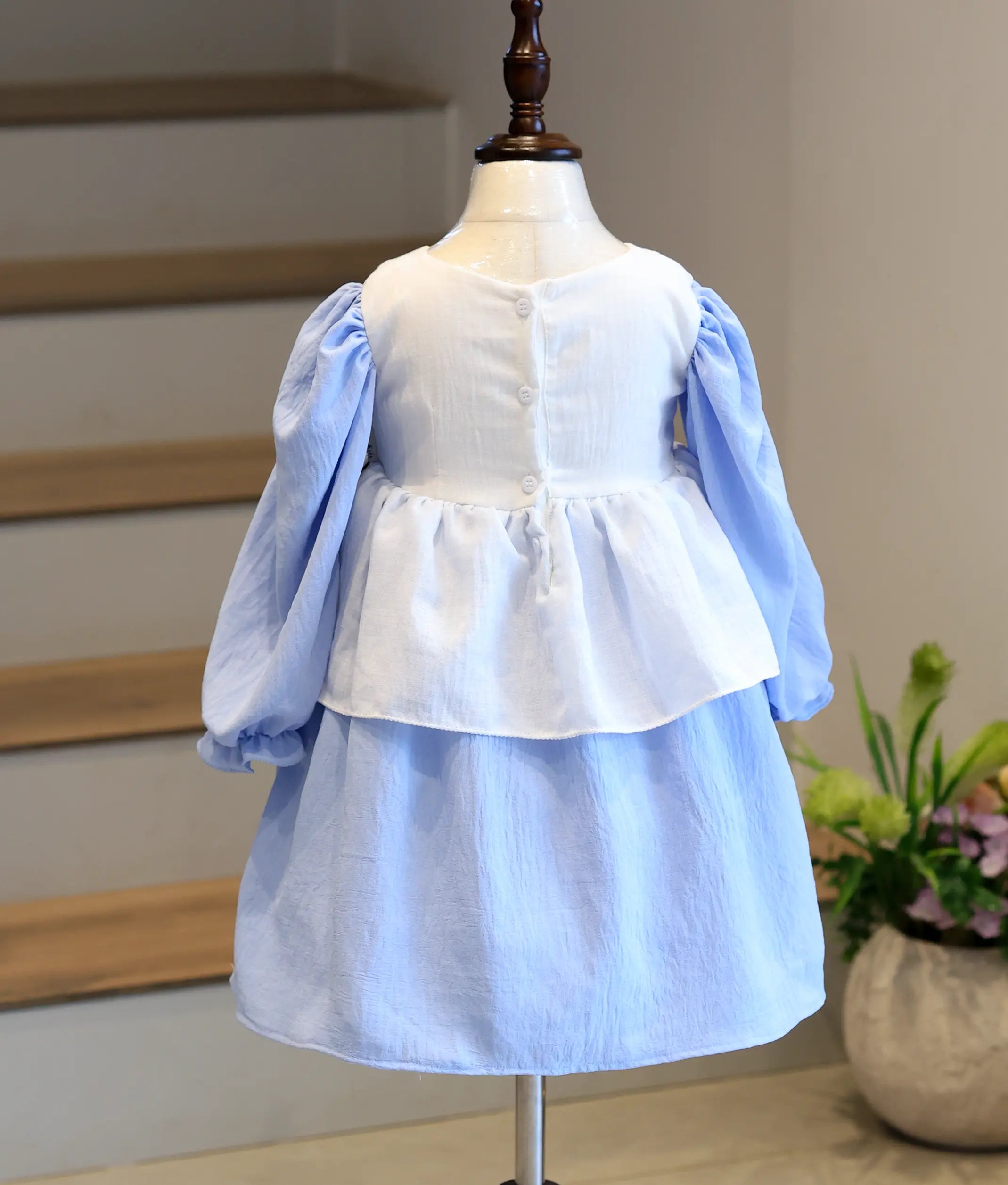 White and Blue Linen Embroidered Double-Layer Frock for Baby Girl [6316]