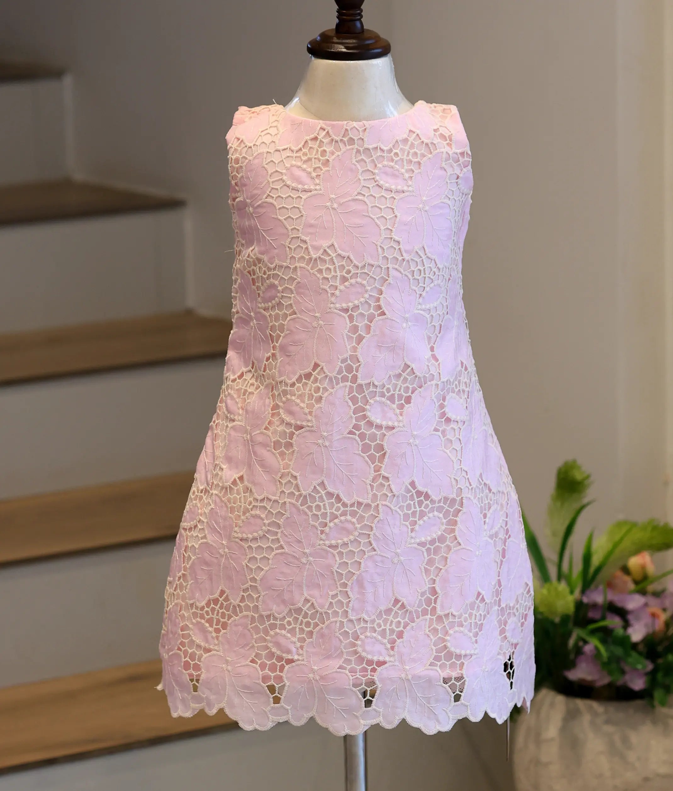 Baby Pink Leaf Cut Work Material A-Line Frock for Baby Girl [6318]