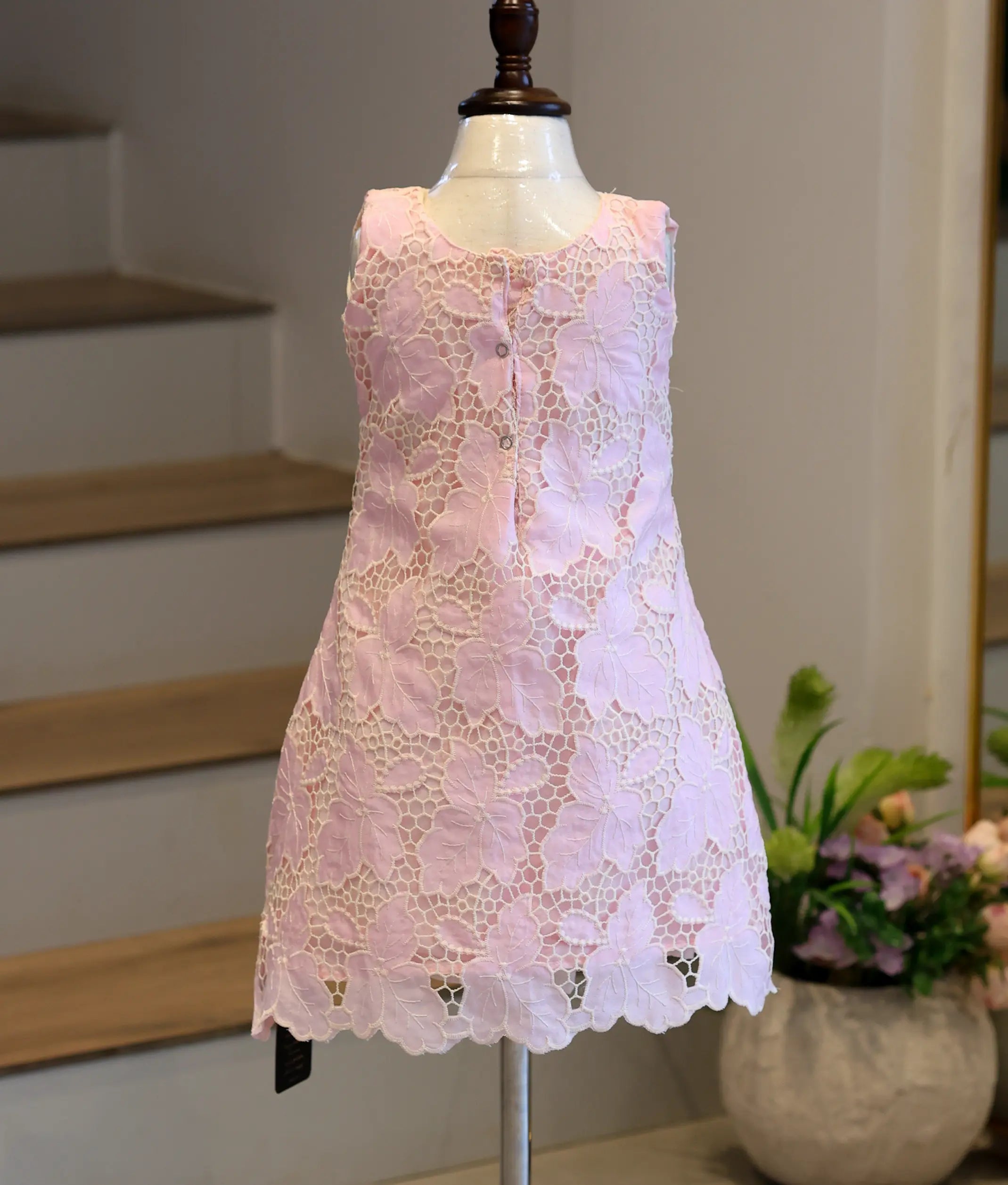 Baby Pink Leaf Cut Work Material A-Line Frock for Baby Girl [6318]