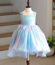 Sky Blue Rainbaw Shade Laser Organza High-Low Birthday Frock for Baby Girl [6319]