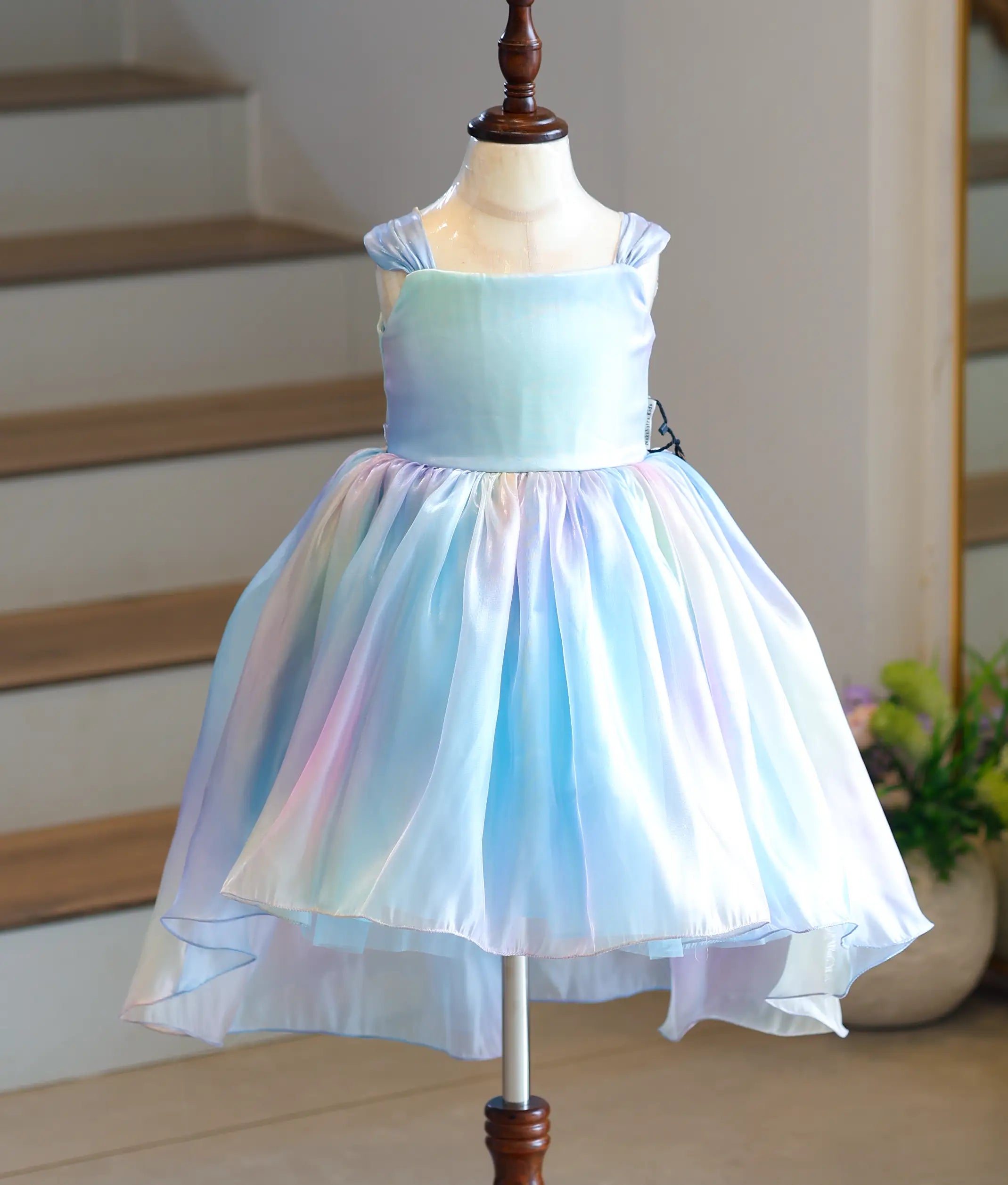 Sky Blue Rainbaw Shade Laser Organza High-Low Birthday Frock for Baby Girl [6319]