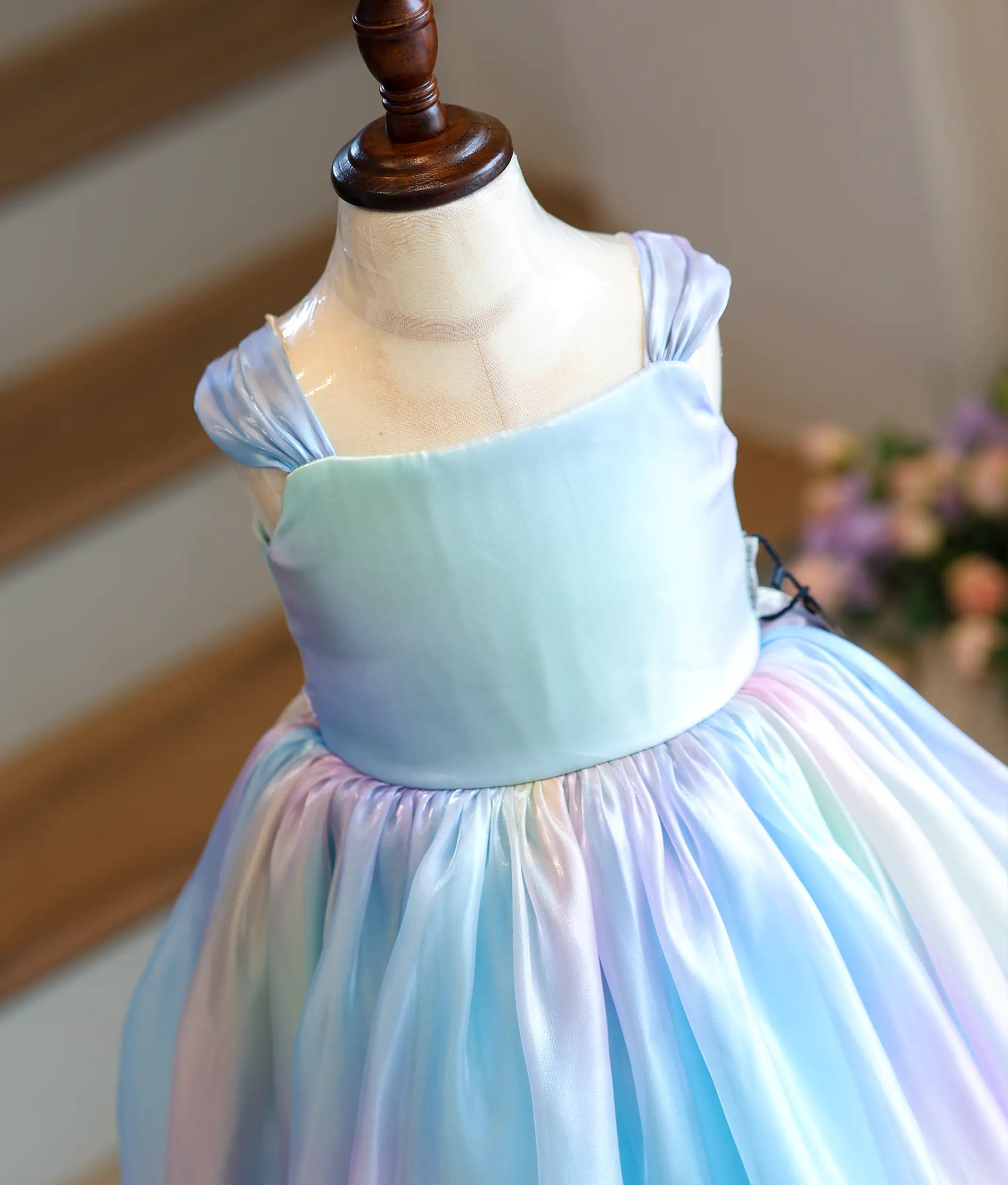 Sky Blue Rainbaw Shade Laser Organza High-Low Birthday Frock for Baby Girl [6319]