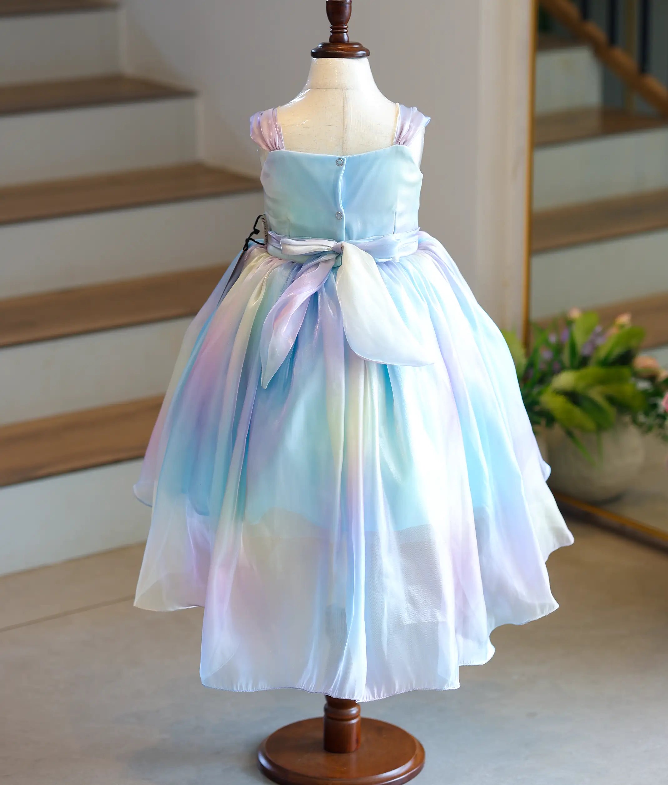 Sky Blue Rainbaw Shade Laser Organza High-Low Birthday Frock for Baby Girl [6319]