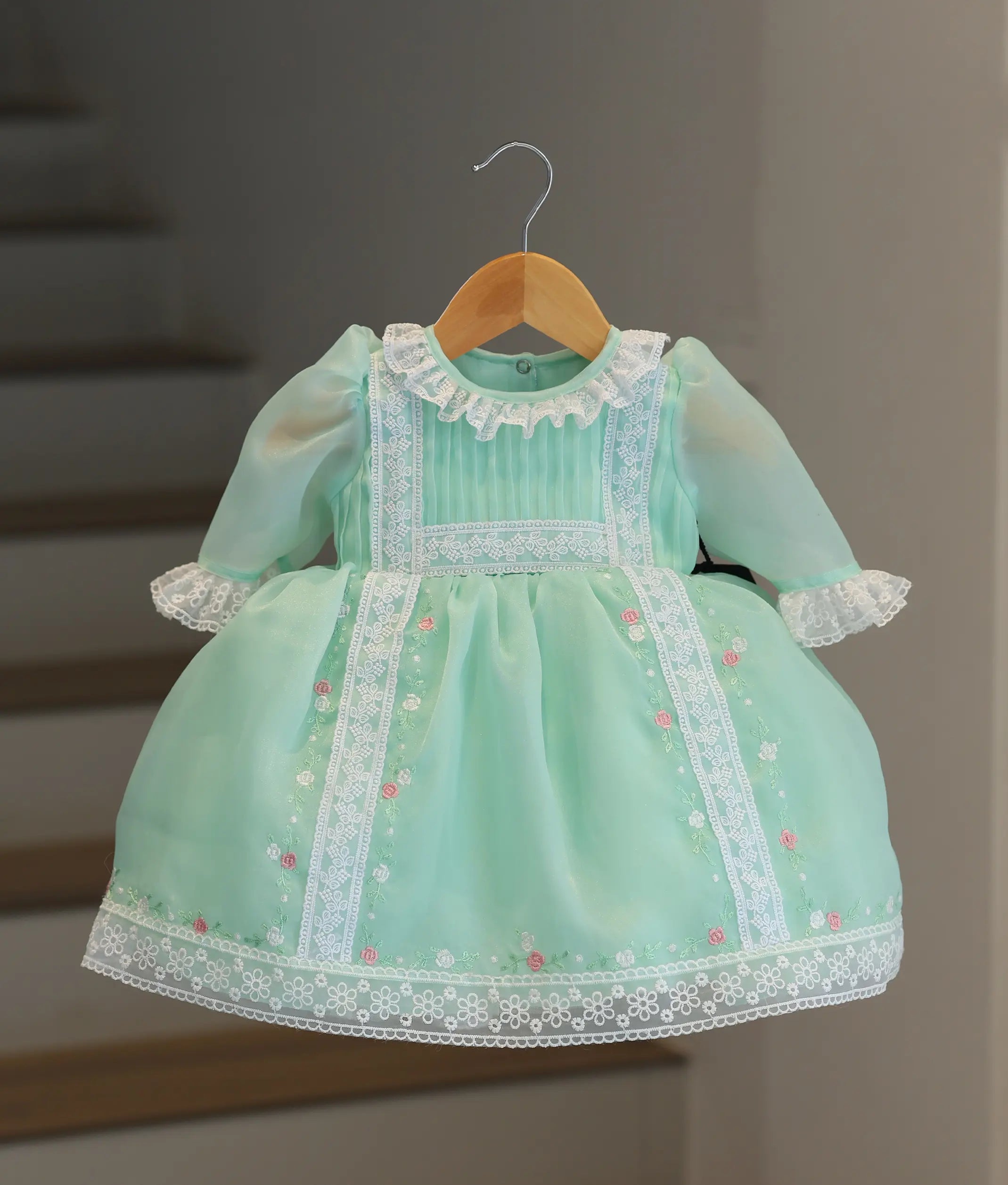 Mint Green Plain Organza with Lace & Embroidery Frock For Baby Girl [6321]