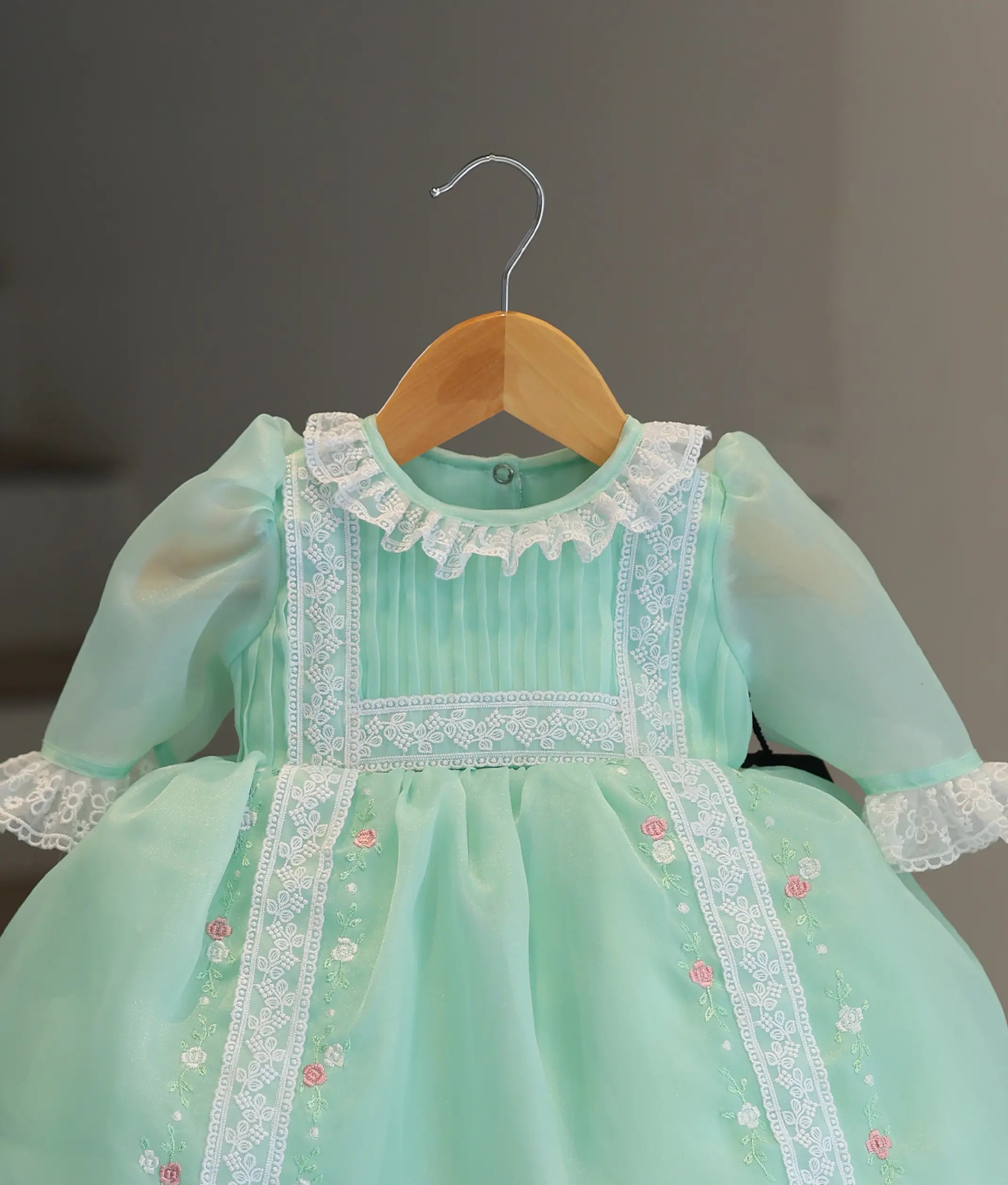Mint Green Plain Organza with Lace & Embroidery Frock For Baby Girl [6321]