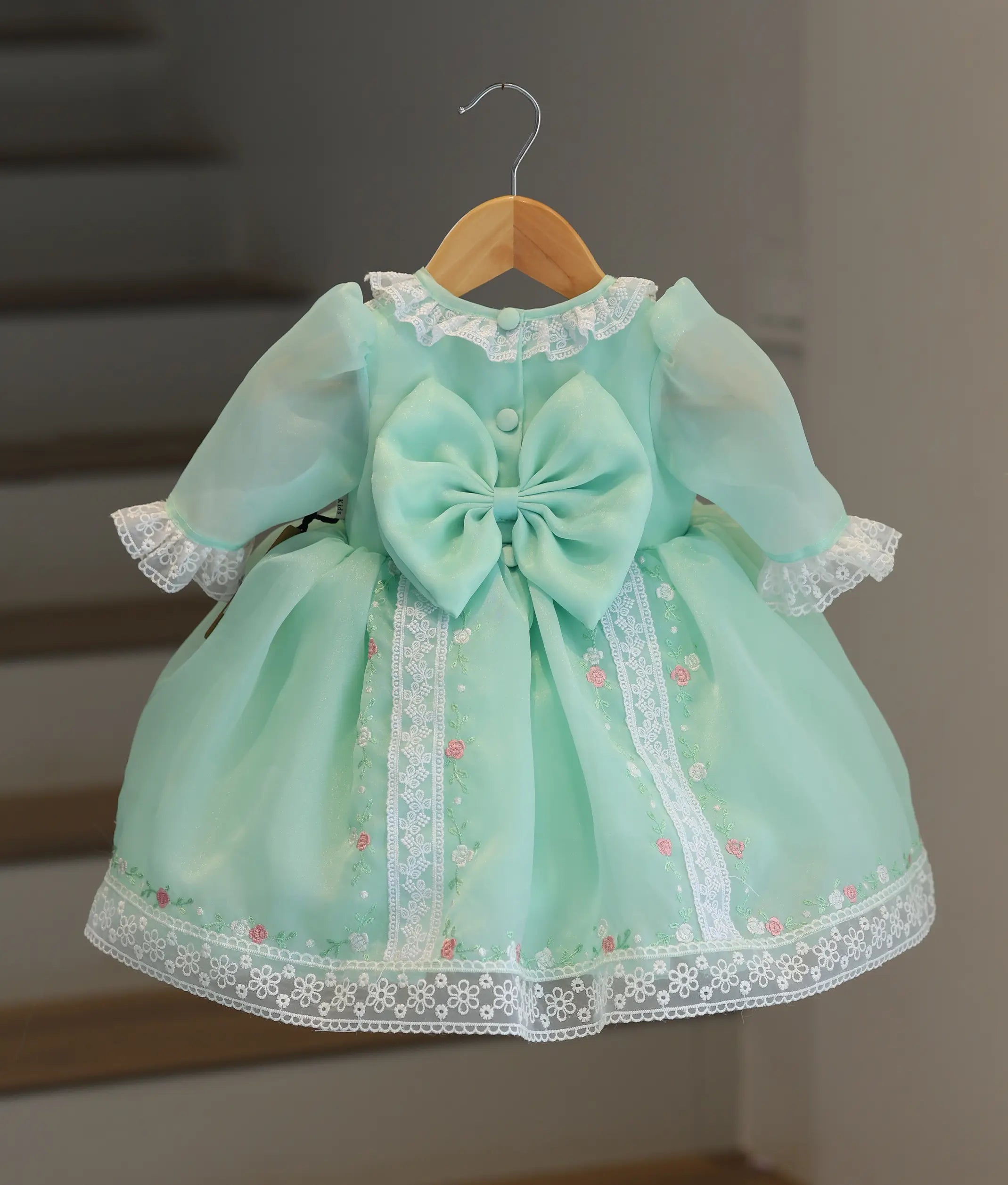 Mint Green Plain Organza with Lace & Embroidery Frock For Baby Girl [6321]