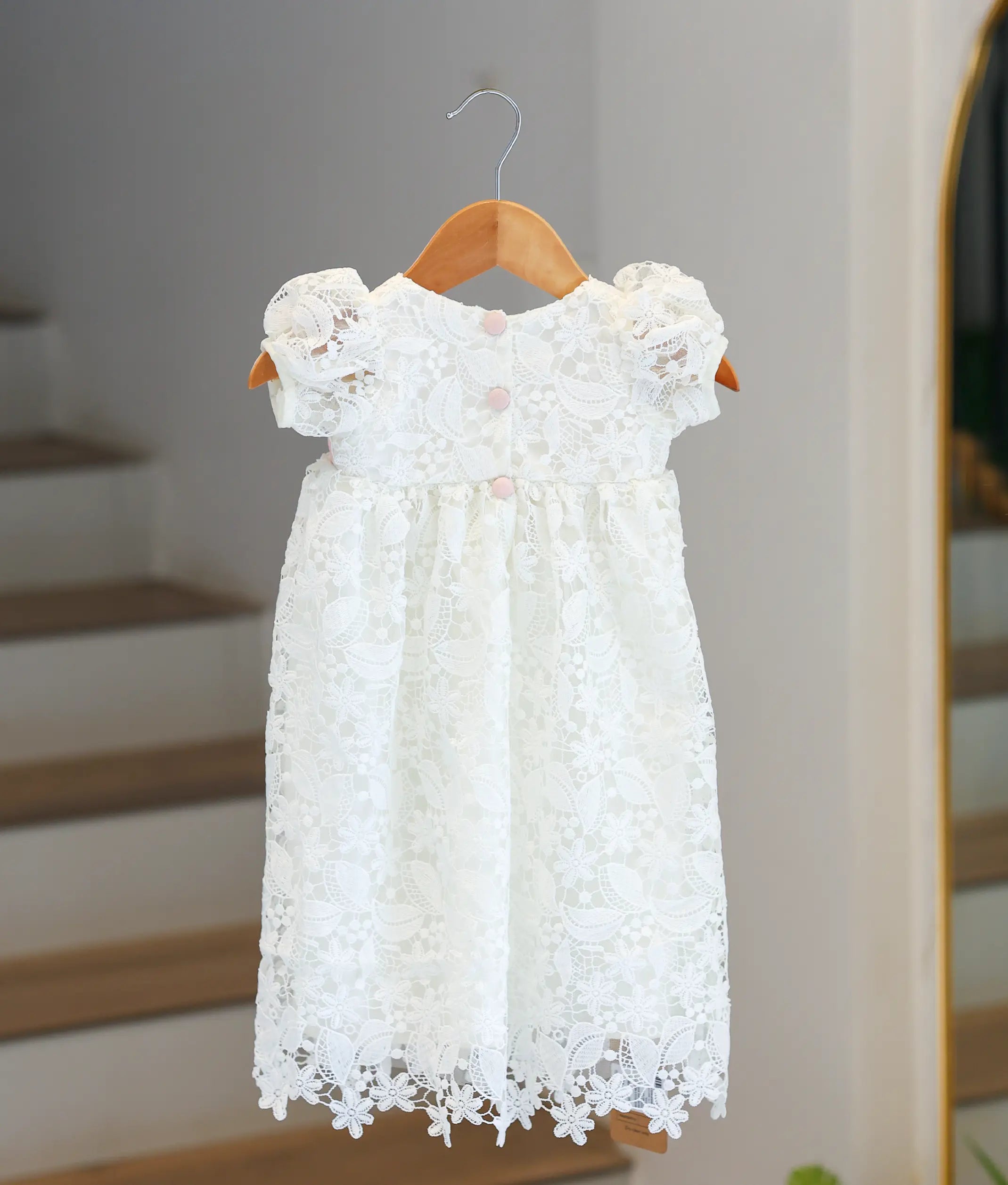 Off-White Floral Lace Material Baptism Gown for Baby Girl [6325]