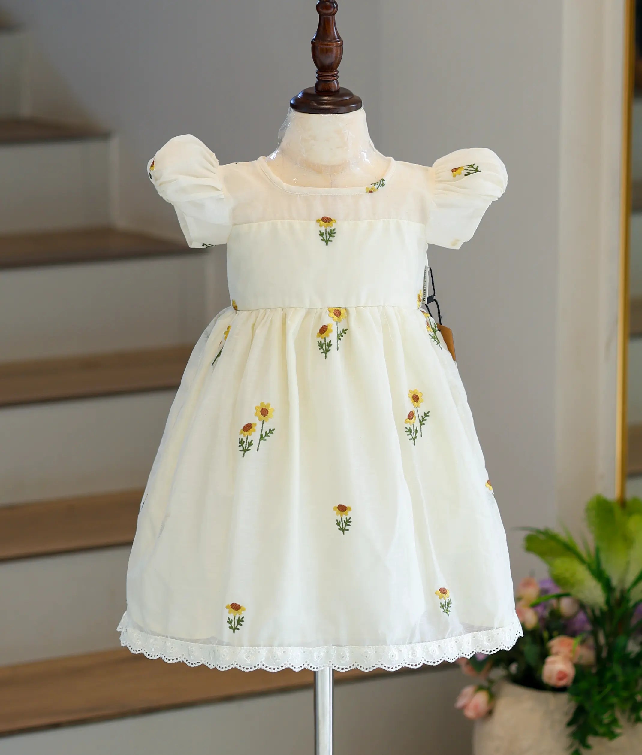 Off-White Mul Chanderi Embroidered Frock for Baby Girl [6331]