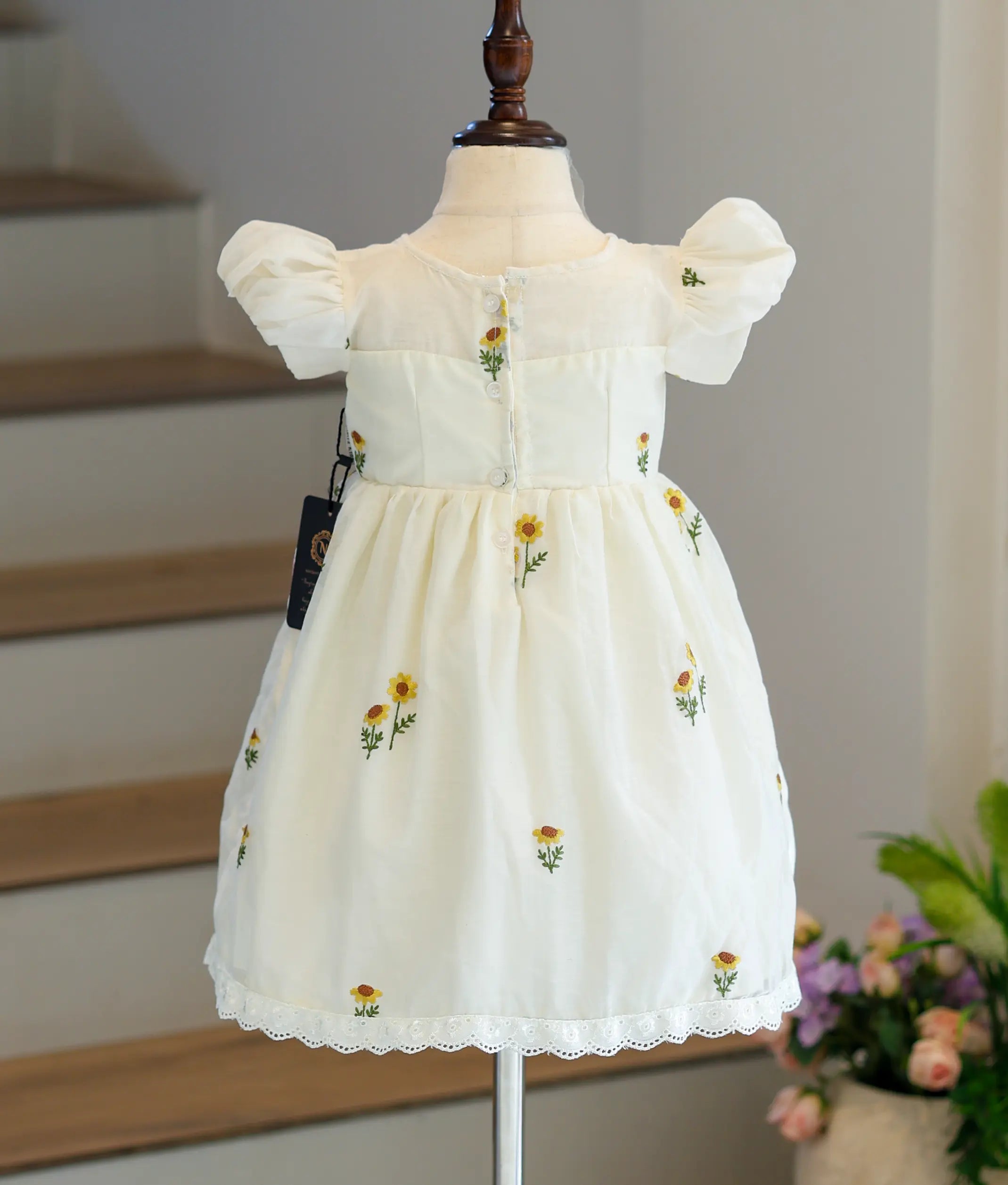 Off-White Mul Chanderi Embroidered Frock for Baby Girl [6331]