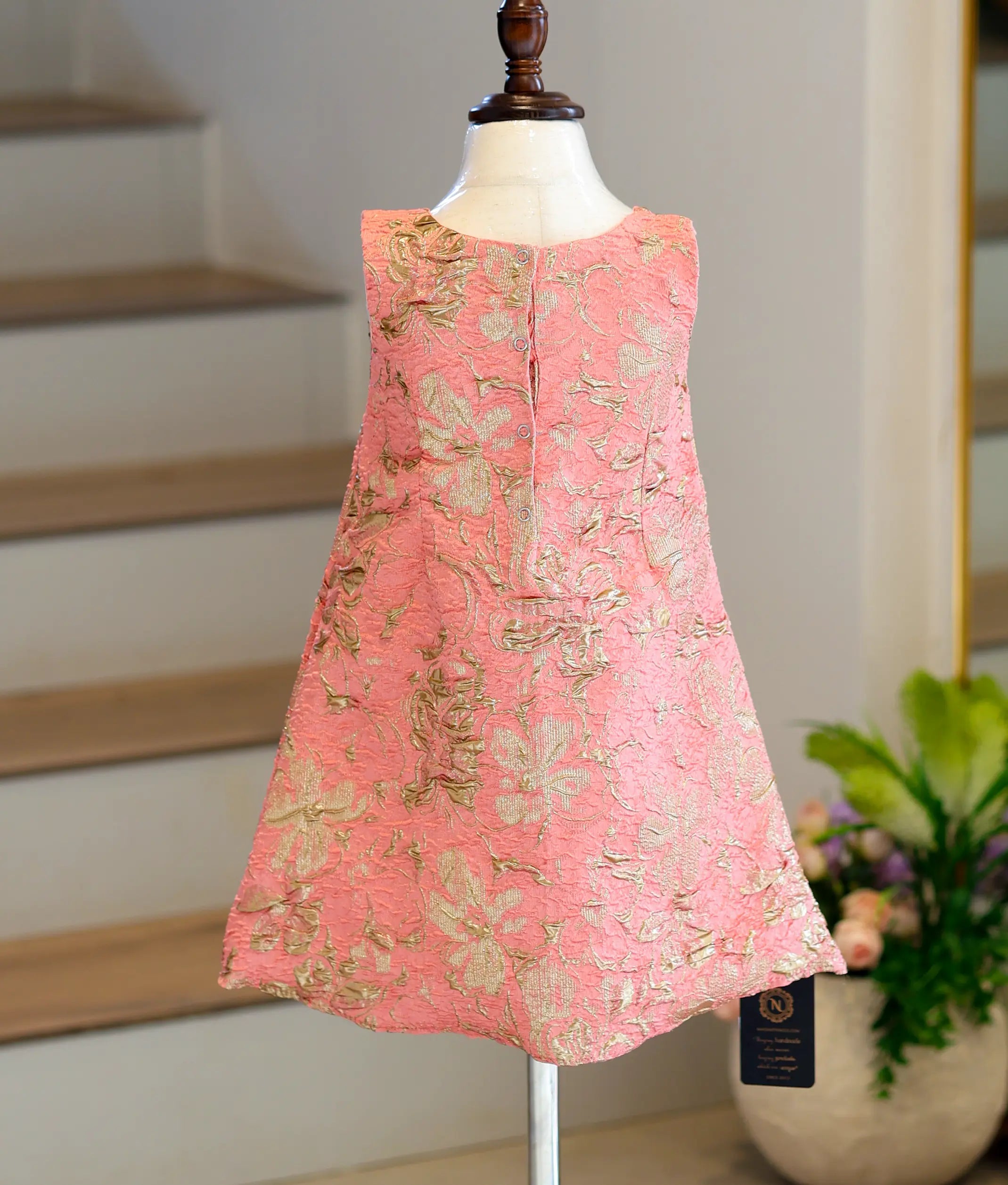 Peach and Gold Turkish Organza Premium A-Line Frock for Baby Girl [6332]