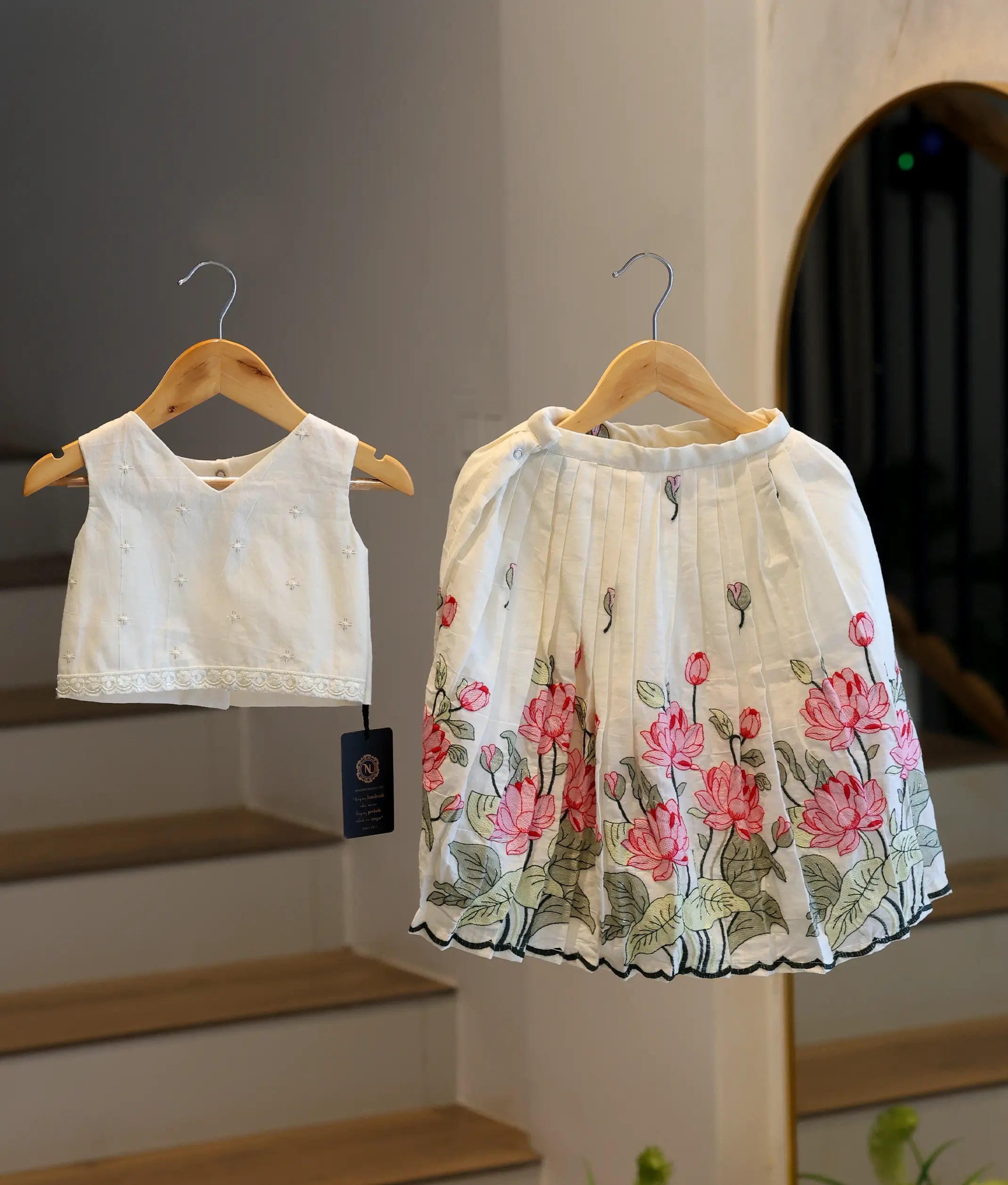 Off-White Cotton Embroidered Skirt and Top for Baby Girl [6333]