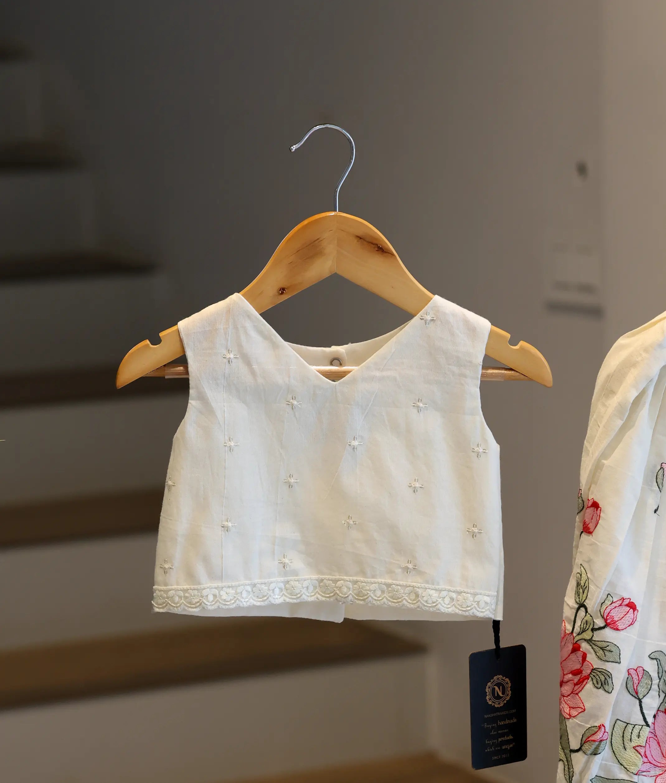 Off-White Cotton Embroidered Skirt and Top for Baby Girl [6333]