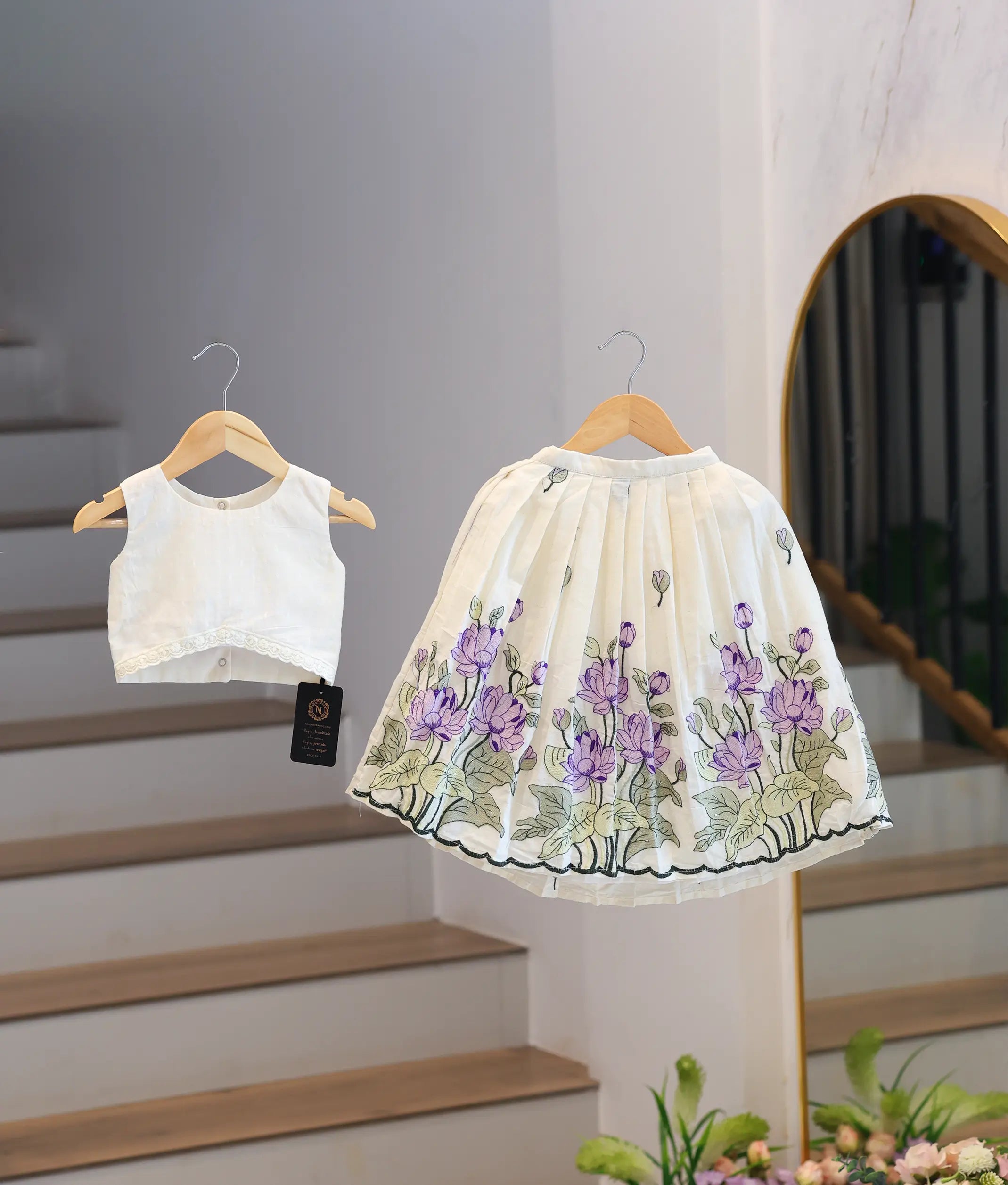 Off-White Cotton Embroidered Skirt and Top for Baby Girl [6334]