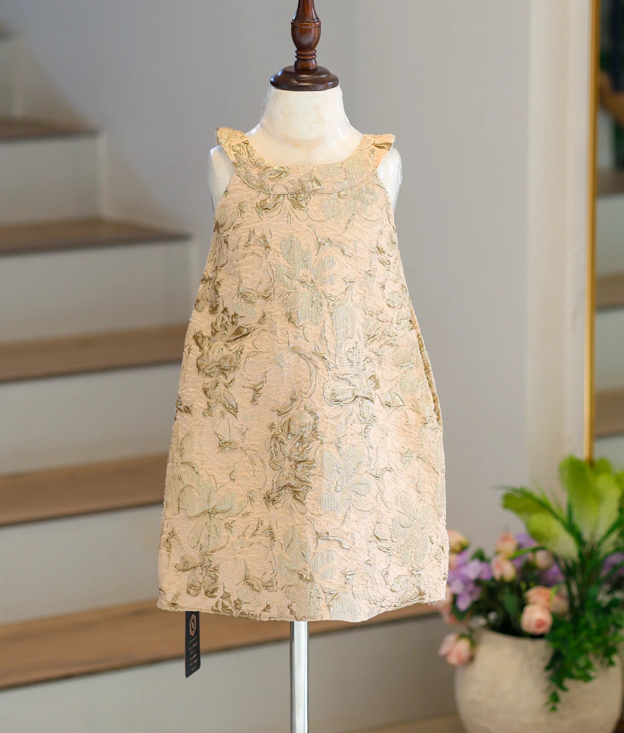 Beige and Gold Turkish Organza Premium A-Line Frock for Baby Girl [6335]