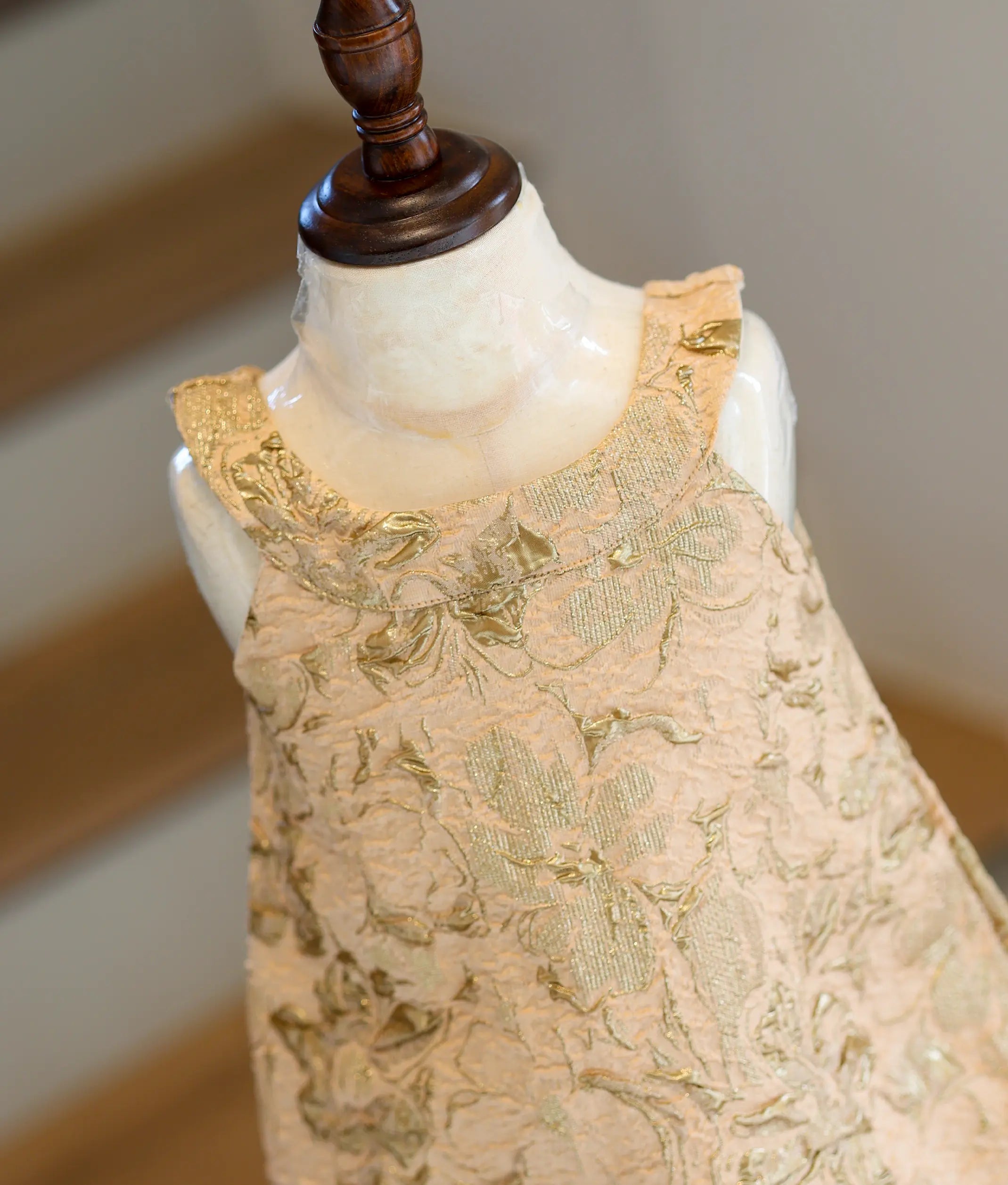 Beige and Gold Turkish Organza Premium A-Line Frock for Baby Girl [6335]