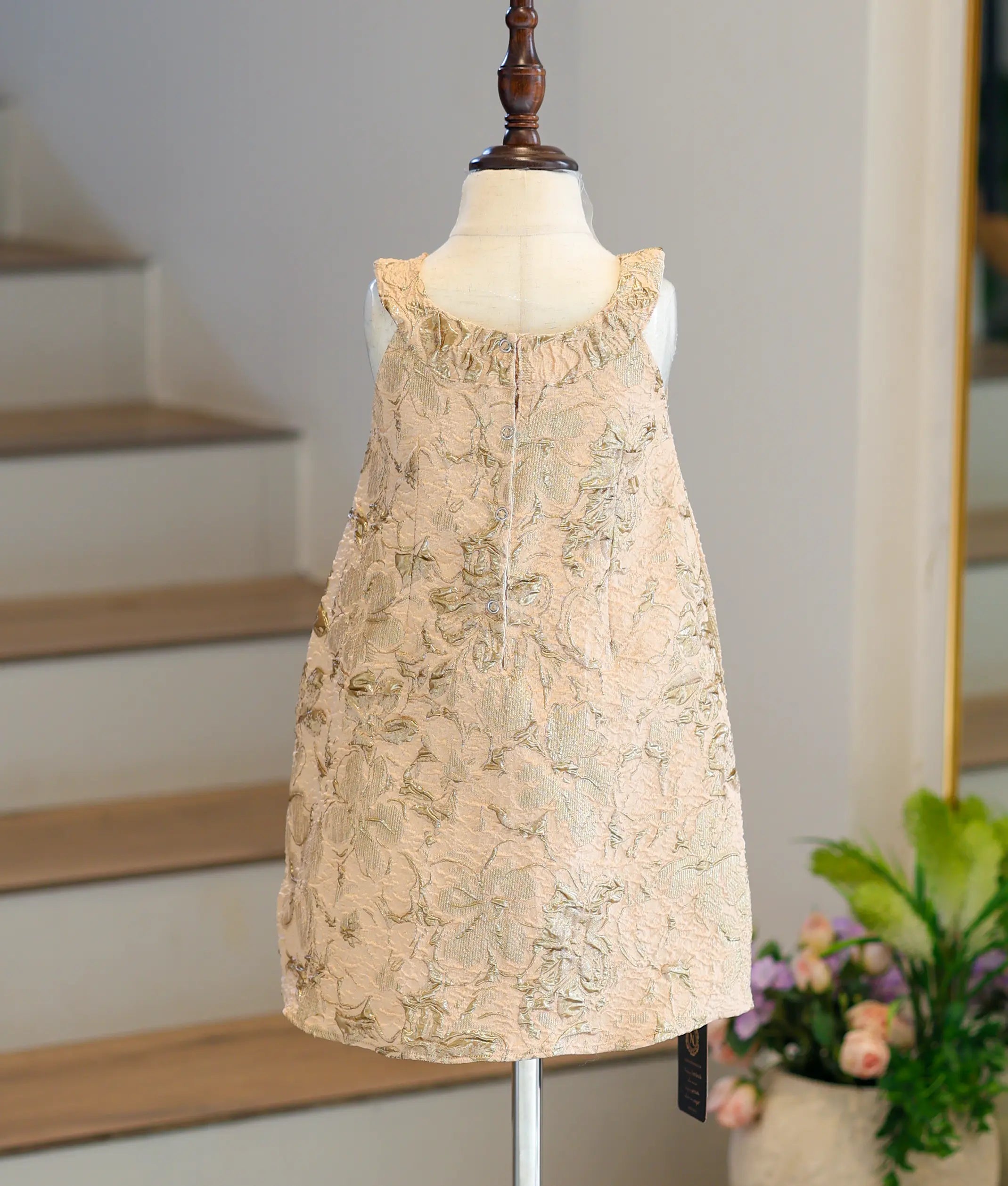 Beige and Gold Turkish Organza Premium A-Line Frock for Baby Girl [6335]